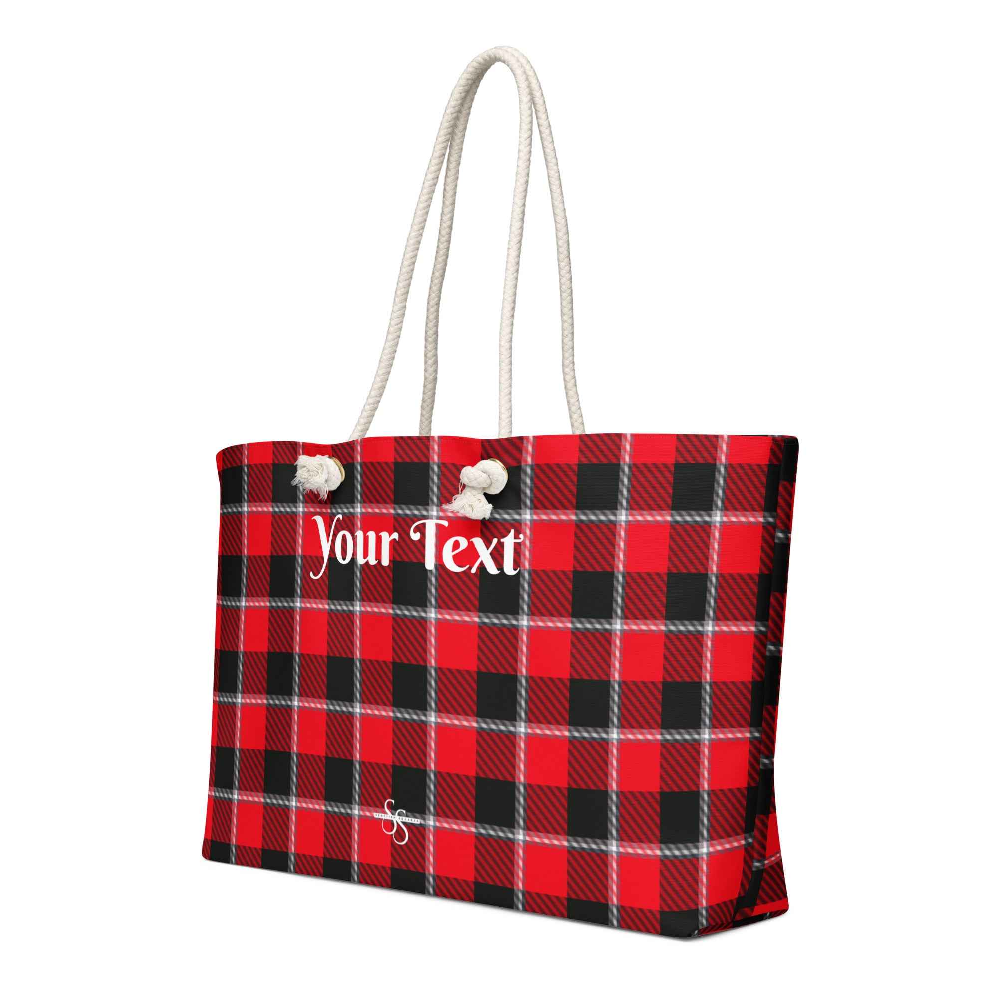 Personalized Red Ribbon and Heavy Metal Plaid Oversized Weekender Bag - Scottish Squares