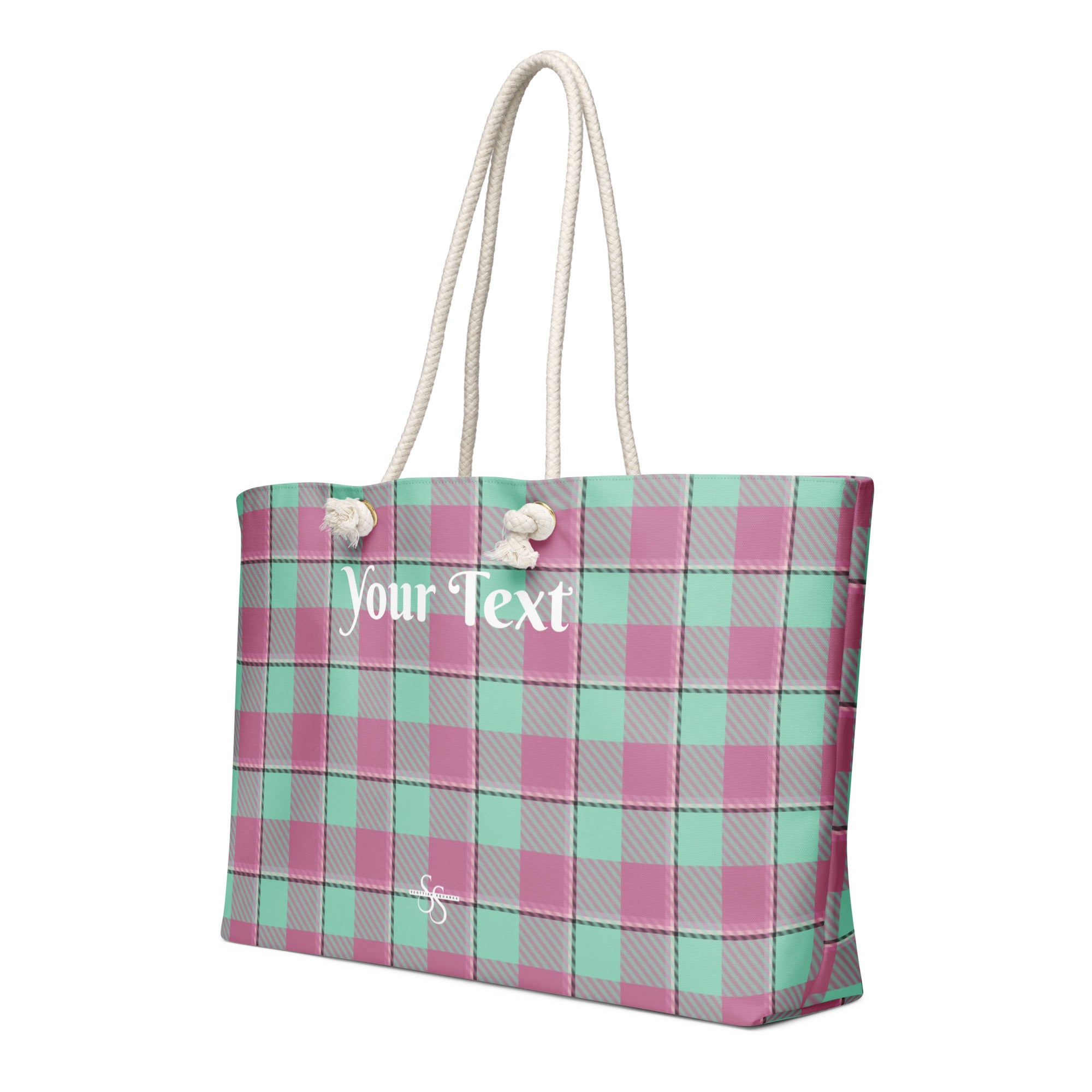 Personalized Vista Blue and Turkish Rose Plaid Oversized Weekender Bag - Scottish Squares