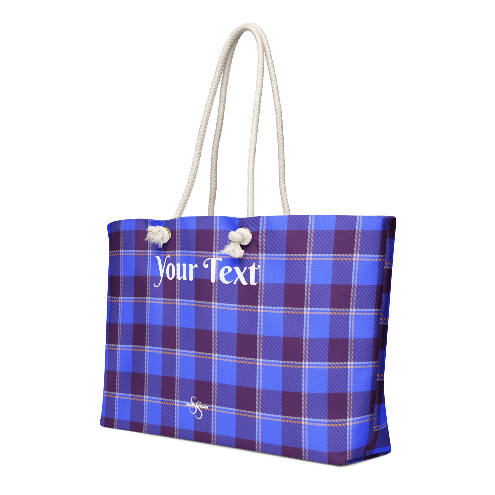 Personalized Cornflower Blue and Livid Brown Plaid Oversized Weekender Bag - Scottish Squares