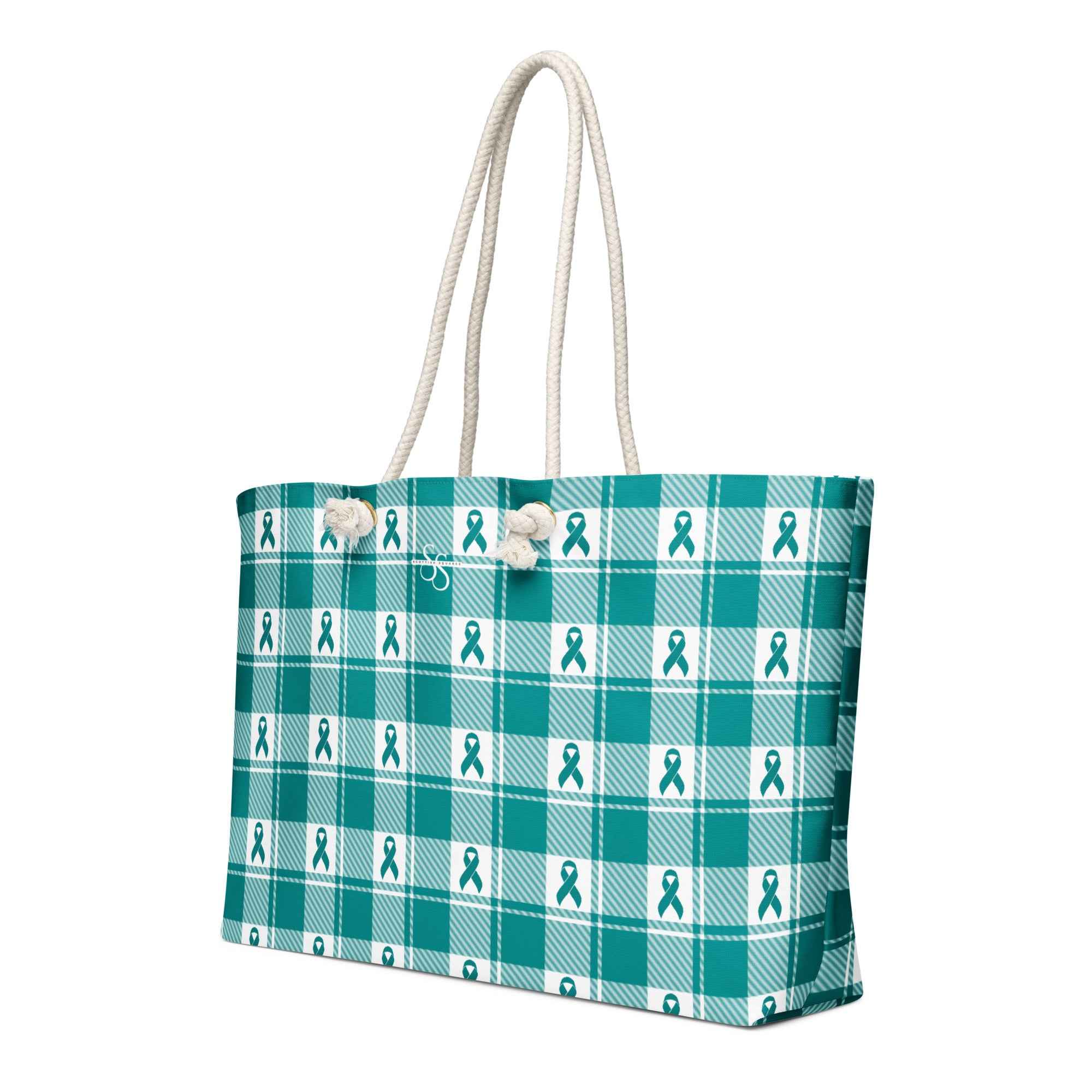 Oversized Weekender Bag Cervical Cancer Awareness Plaid, Teal Ribbon, Supportive Gift - Scottish Squares