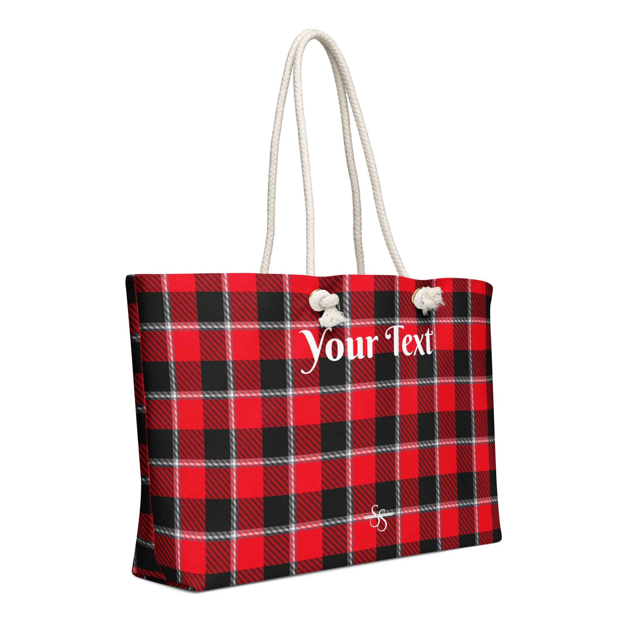 Personalized Red Ribbon and Heavy Metal Plaid Oversized Weekender Bag - Scottish Squares
