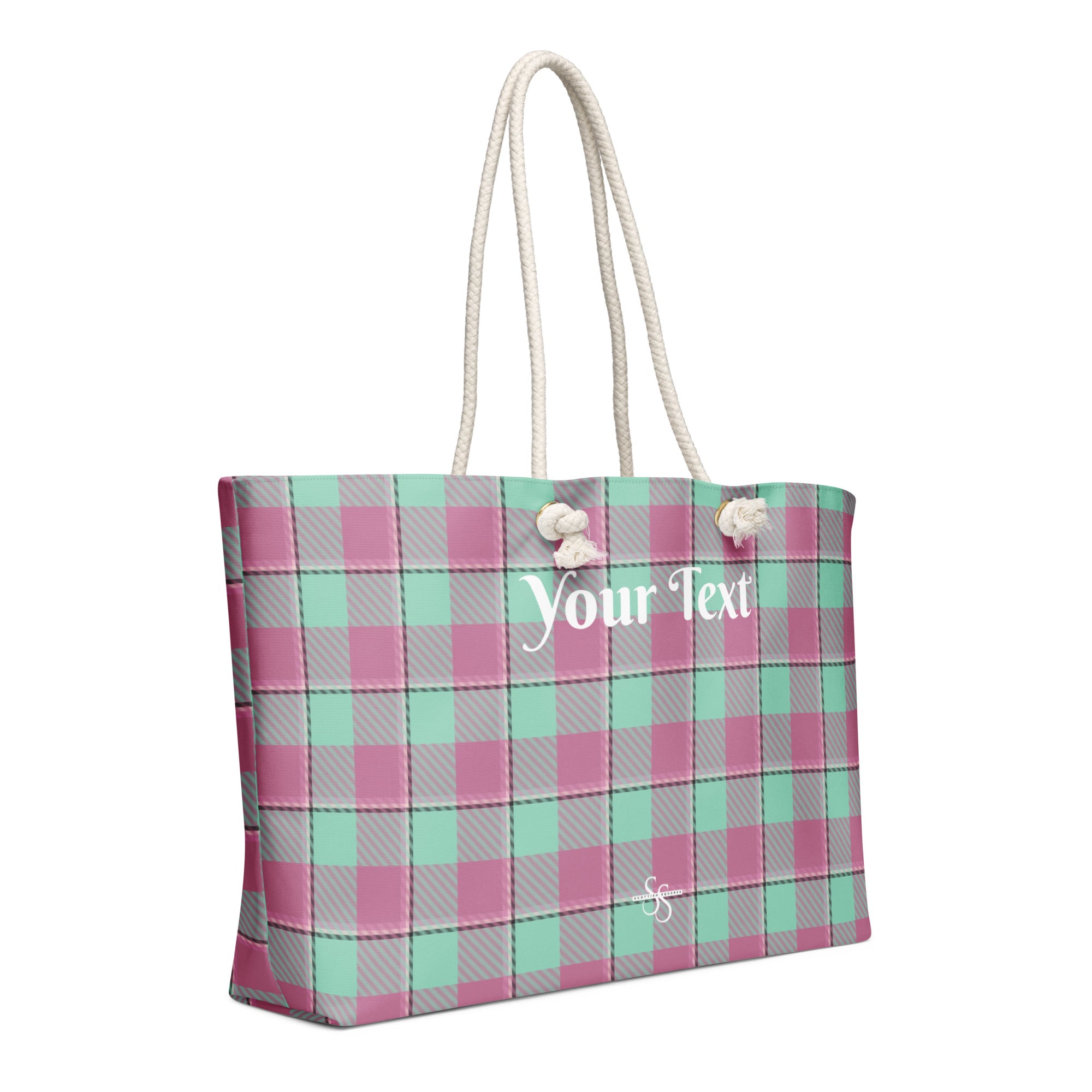 Personalized Vista Blue and Turkish Rose Plaid Oversized Weekender Bag - Scottish Squares