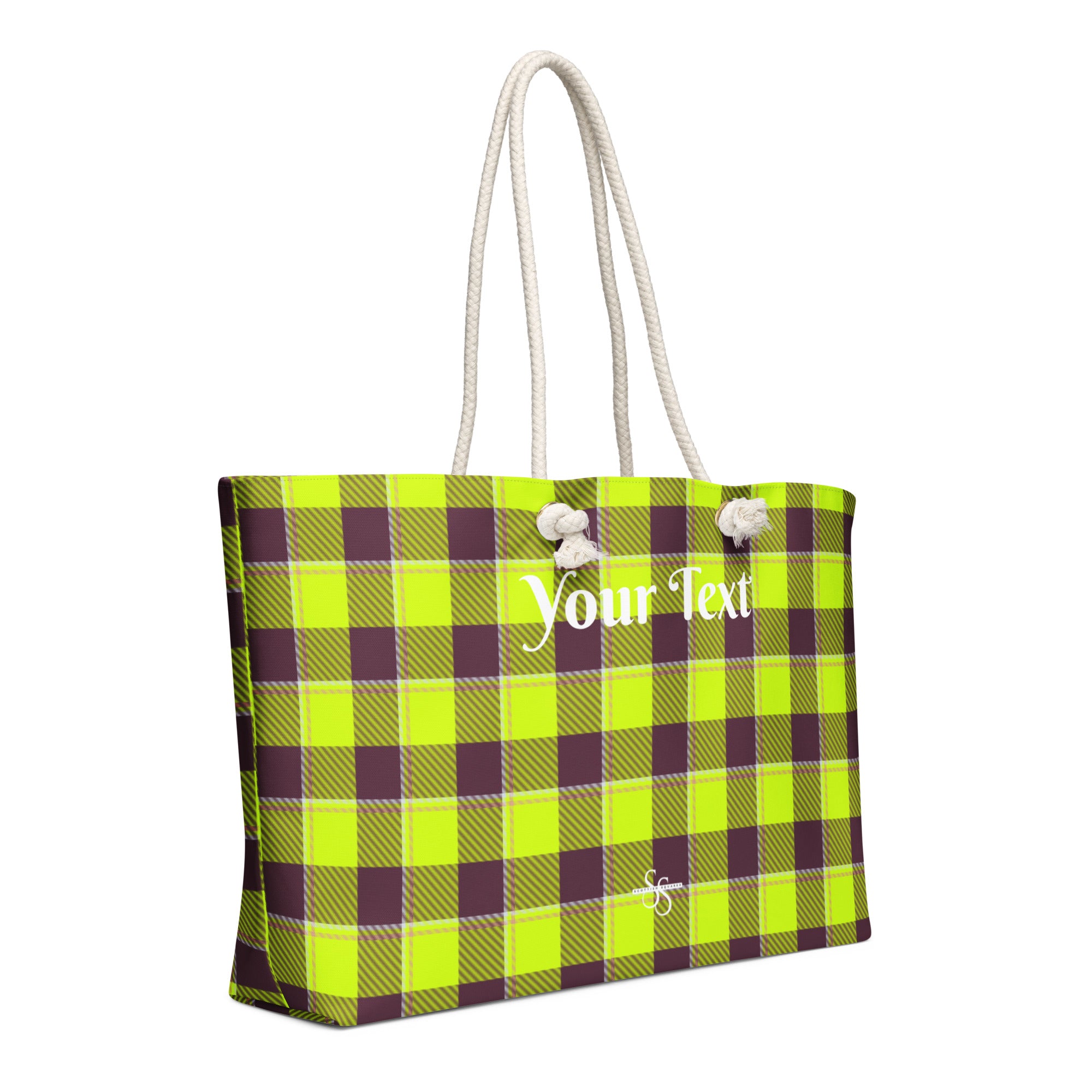 Personalized Electric Lime and Livid Brown Plaid Oversized Weekender Bag - Scottish Squares