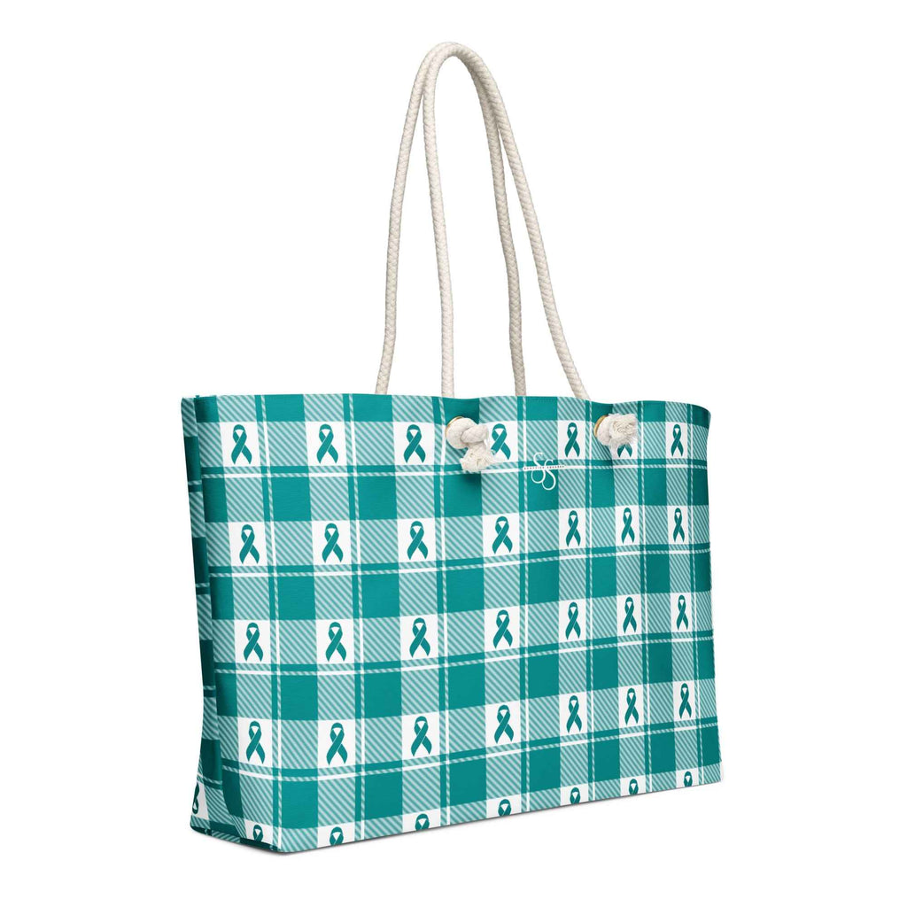 Oversized Weekender Bag Cervical Cancer Awareness Plaid, Teal Ribbon, Supportive Gift - Scottish Squares