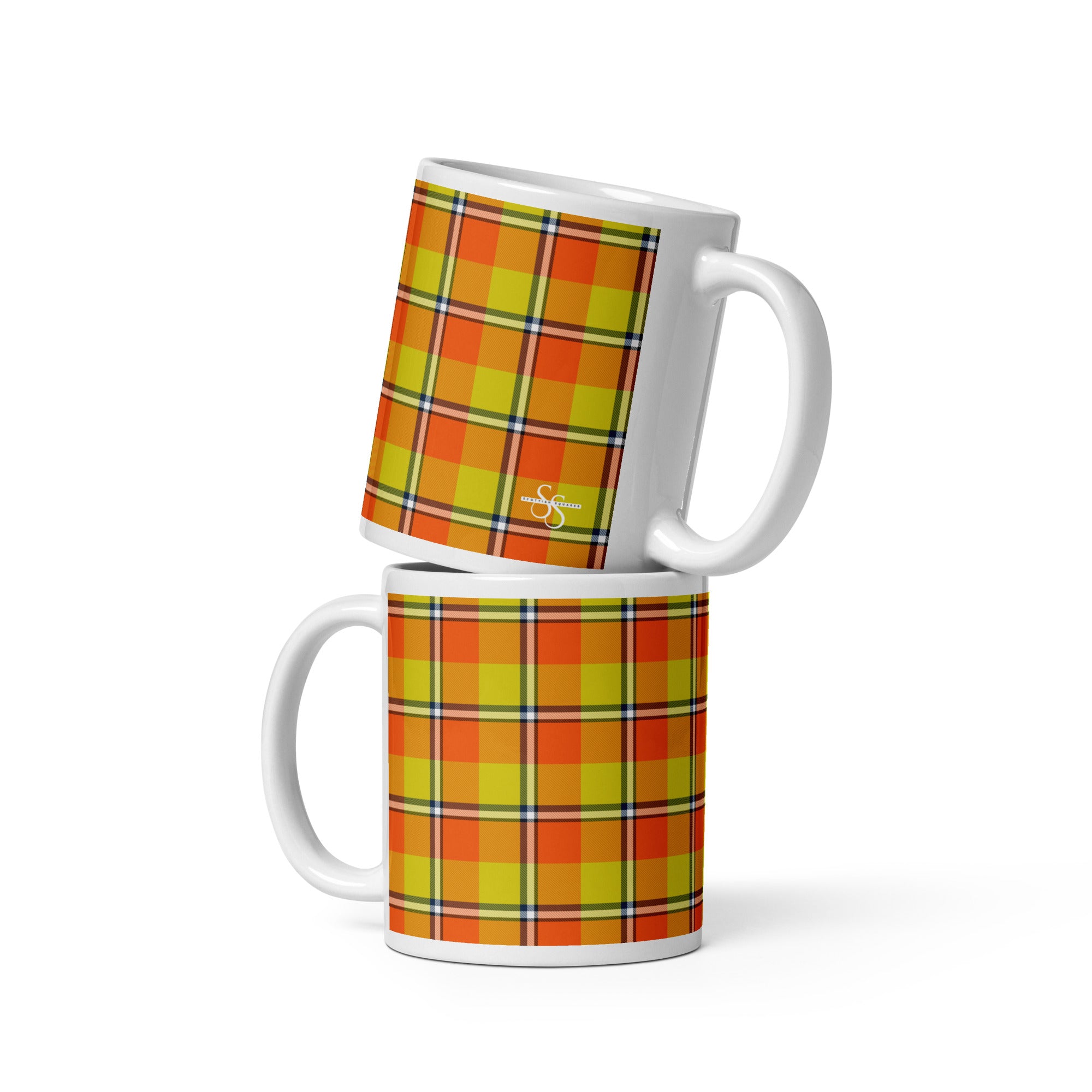 Blaze Orange and Bird Flower Plaid Ceramic Mug - Scottish Squares