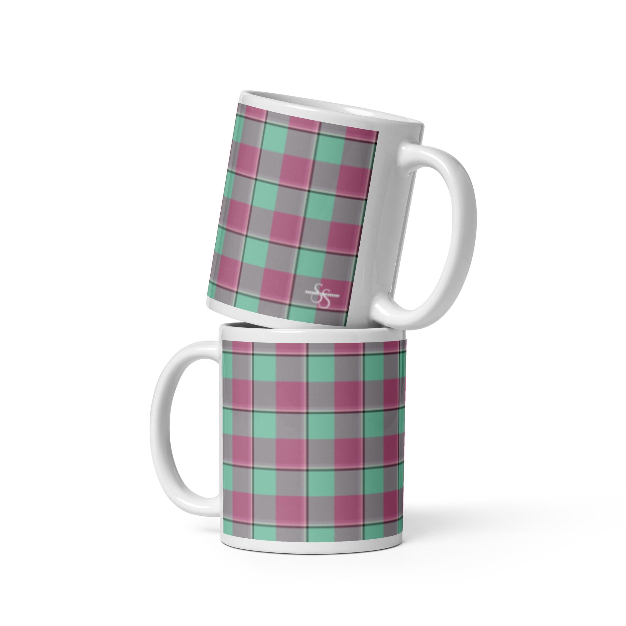 Vista Blue and Turkish Rose Plaid Ceramic Mug - Scottish Squares
