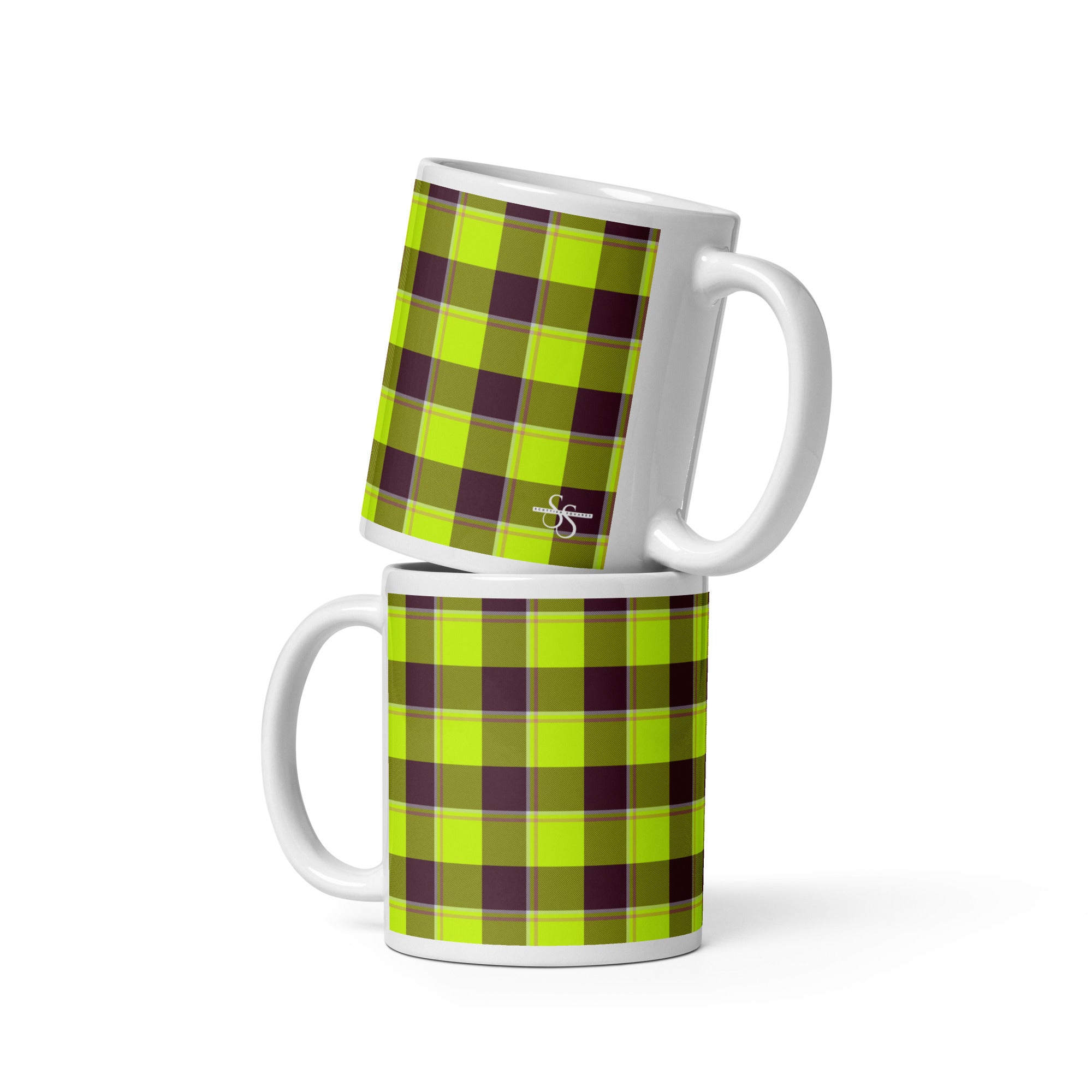 Electric Lime and Livid Brown Plaid Ceramic Mug - Scottish Squares