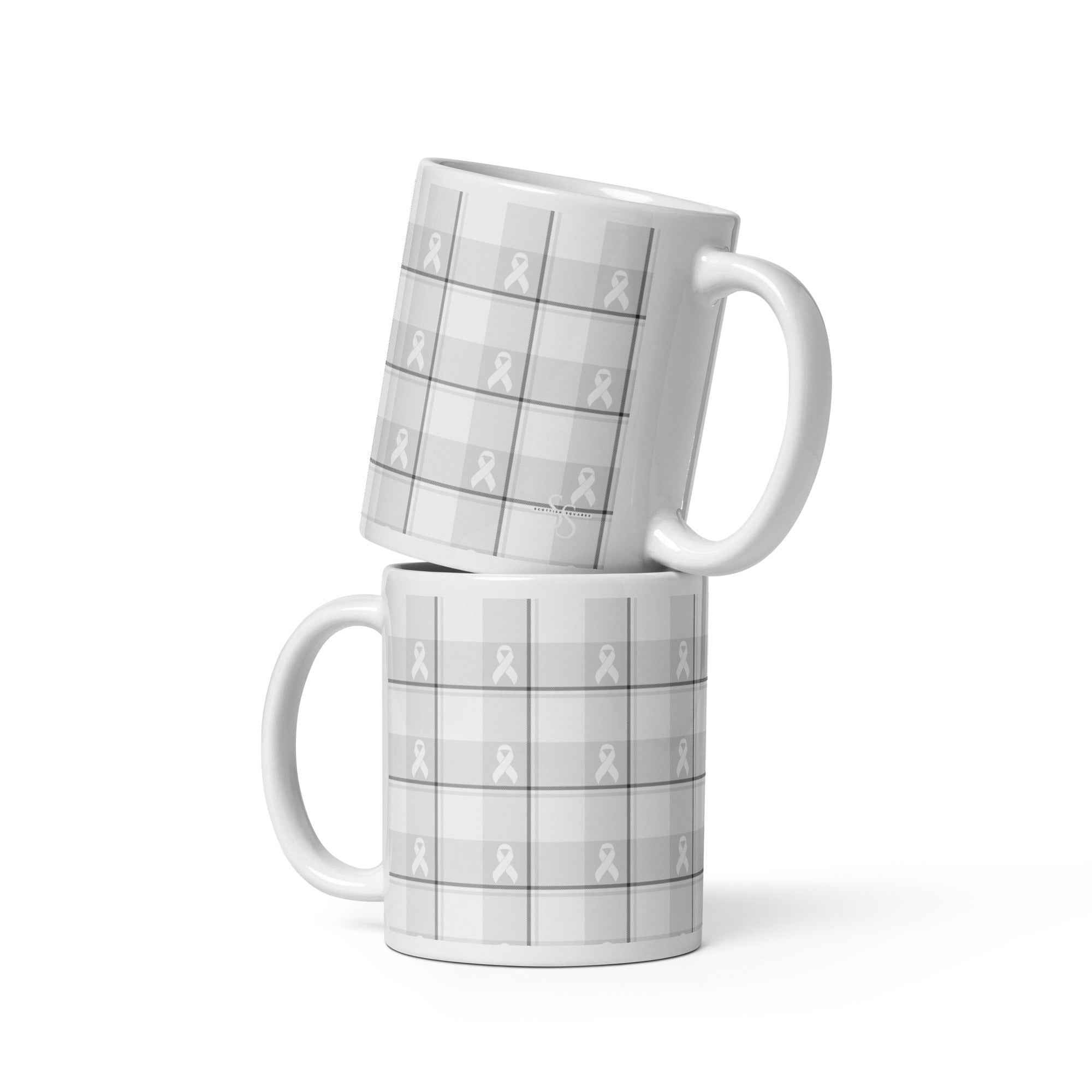 White Ceramic Mug Lung Cancer Awareness Plaid, White Ribbon, Supportive Gift 11 oz - Scottish Squares
