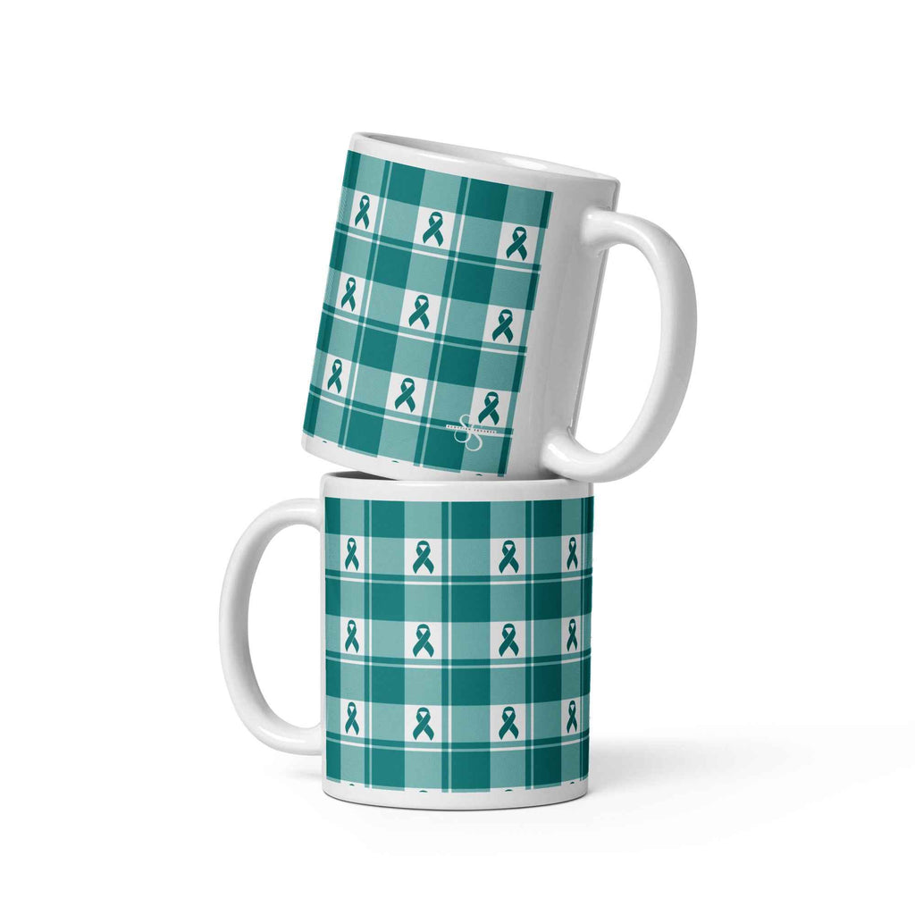 Ceramic Mug Cervical Cancer Awareness Plaid, Teal Ribbon, Supportive Gift 11 oz - Scottish Squares