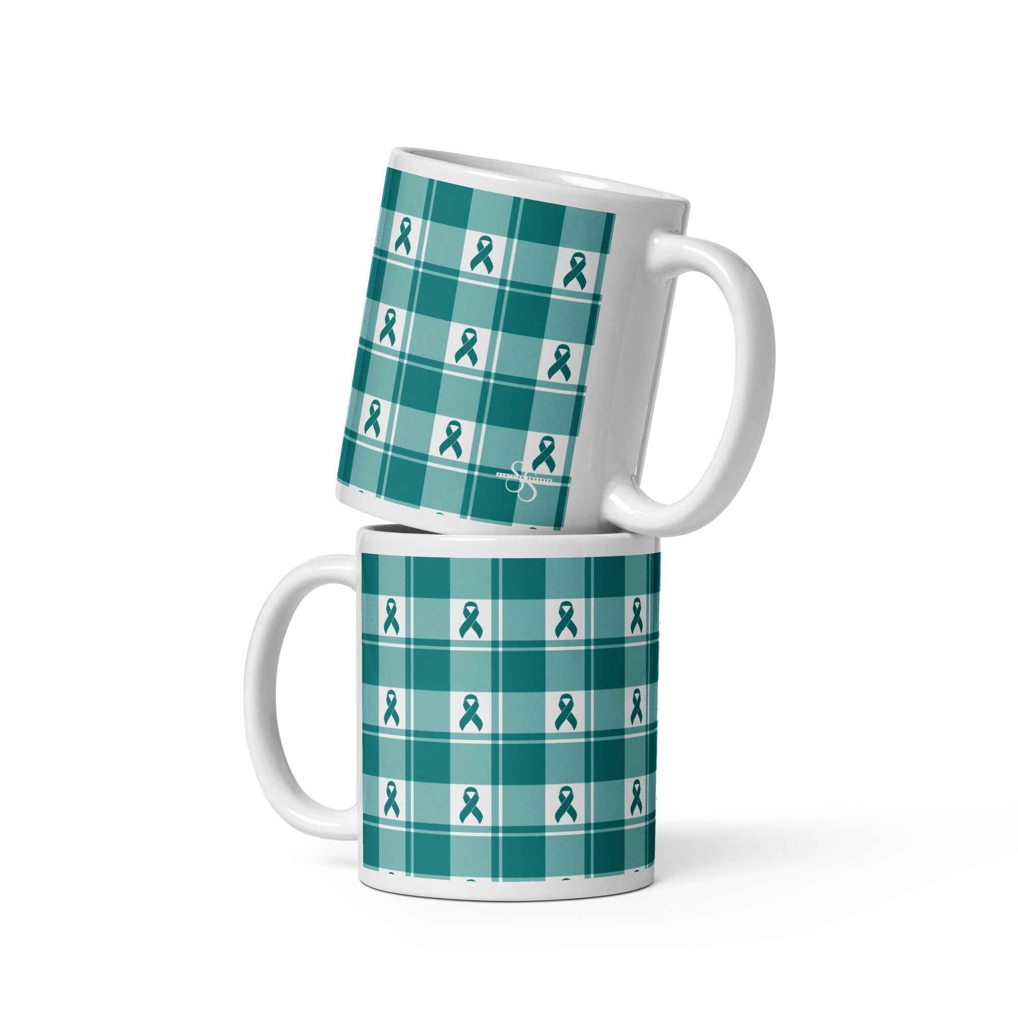 Ceramic Mug Cervical Cancer Awareness Plaid, Teal Ribbon, Supportive Gift 11 oz - Scottish Squares