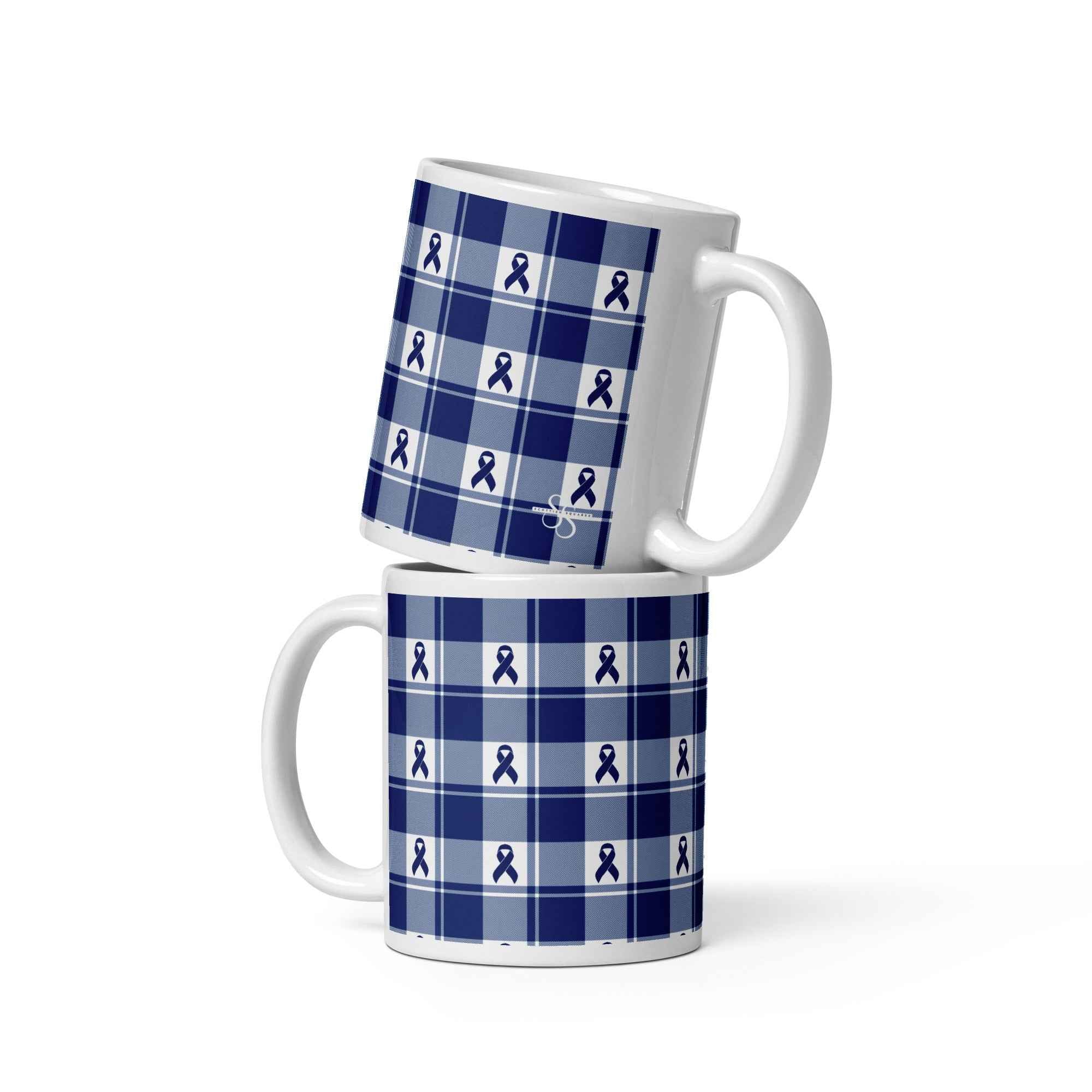 Ceramic Mug Colorectal Cancer Awareness Plaid, Dark Blue Ribbon, Supportive Gift 11 oz - Scottish Squares