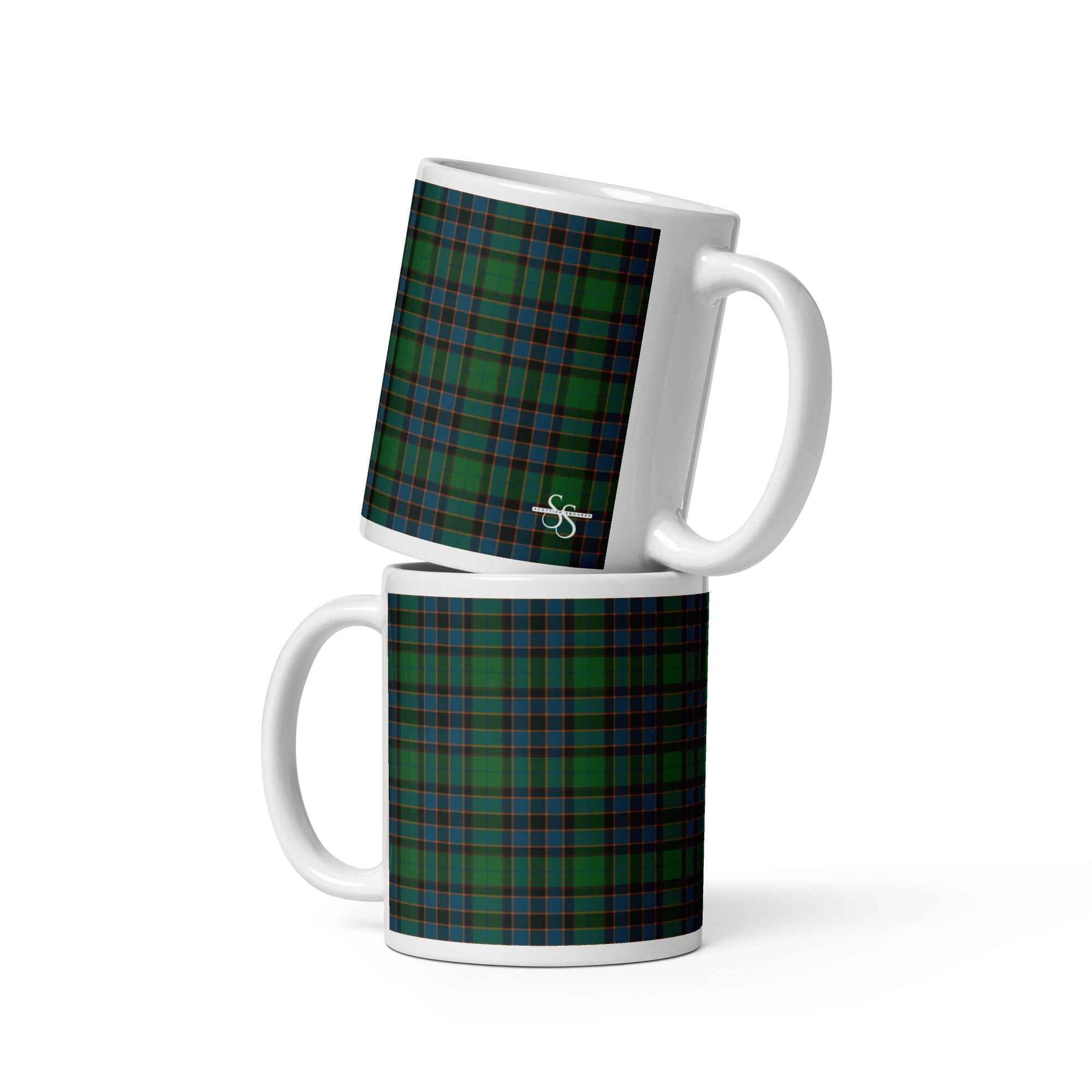 Ceramic Mug Green Blue Orange Plaid Tartan