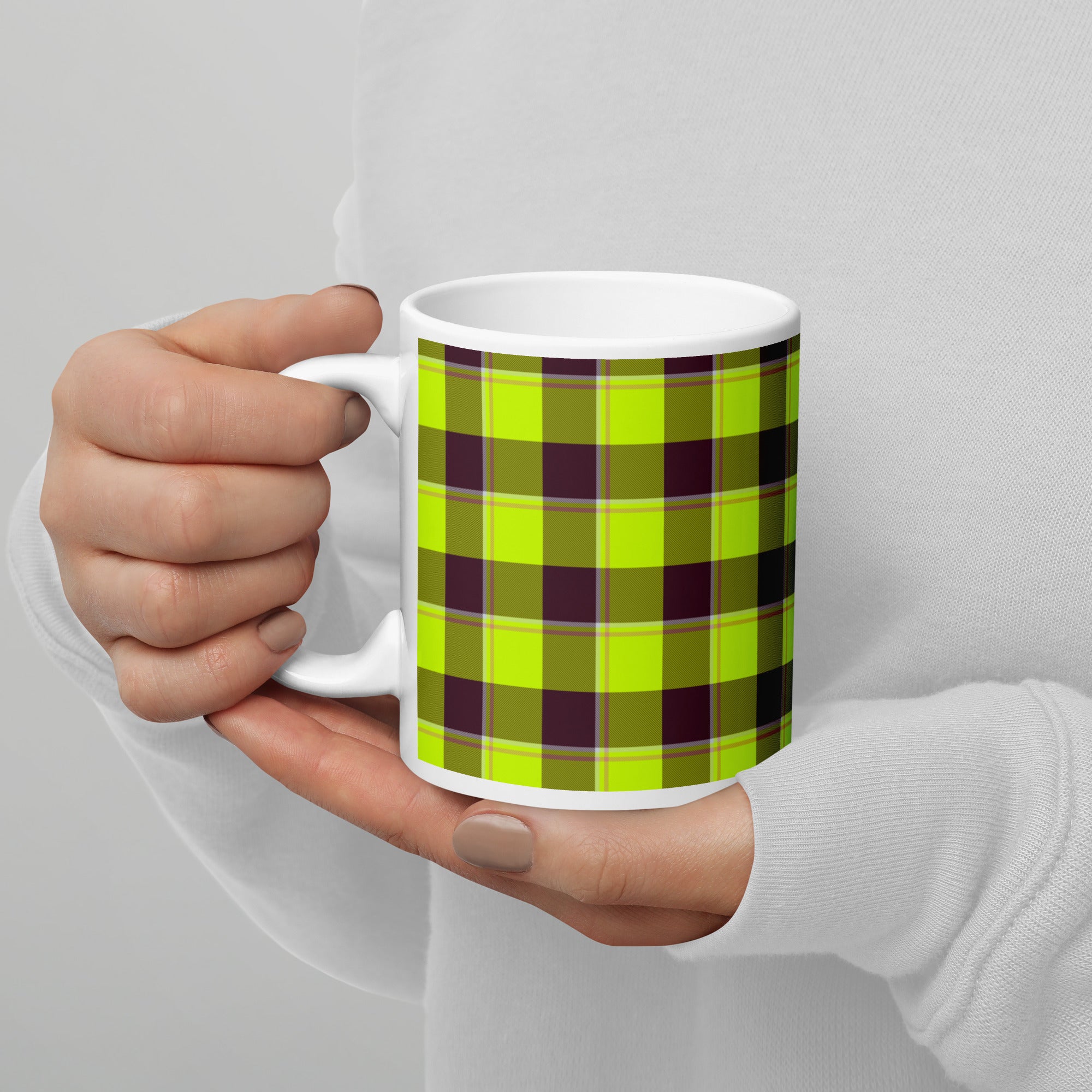 Electric Lime and Livid Brown Plaid Ceramic Mug - Scottish Squares