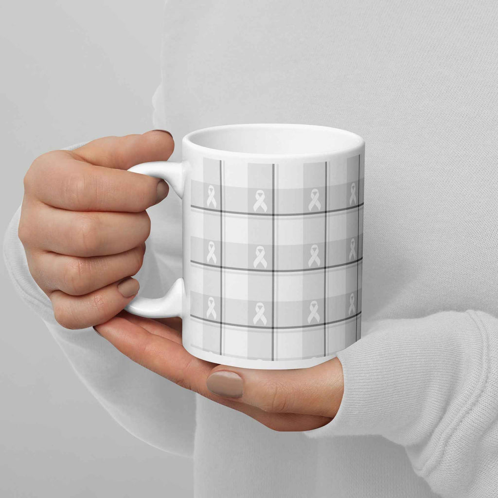 White Ceramic Mug Lung Cancer Awareness Plaid, White Ribbon, Supportive Gift - Scottish Squares