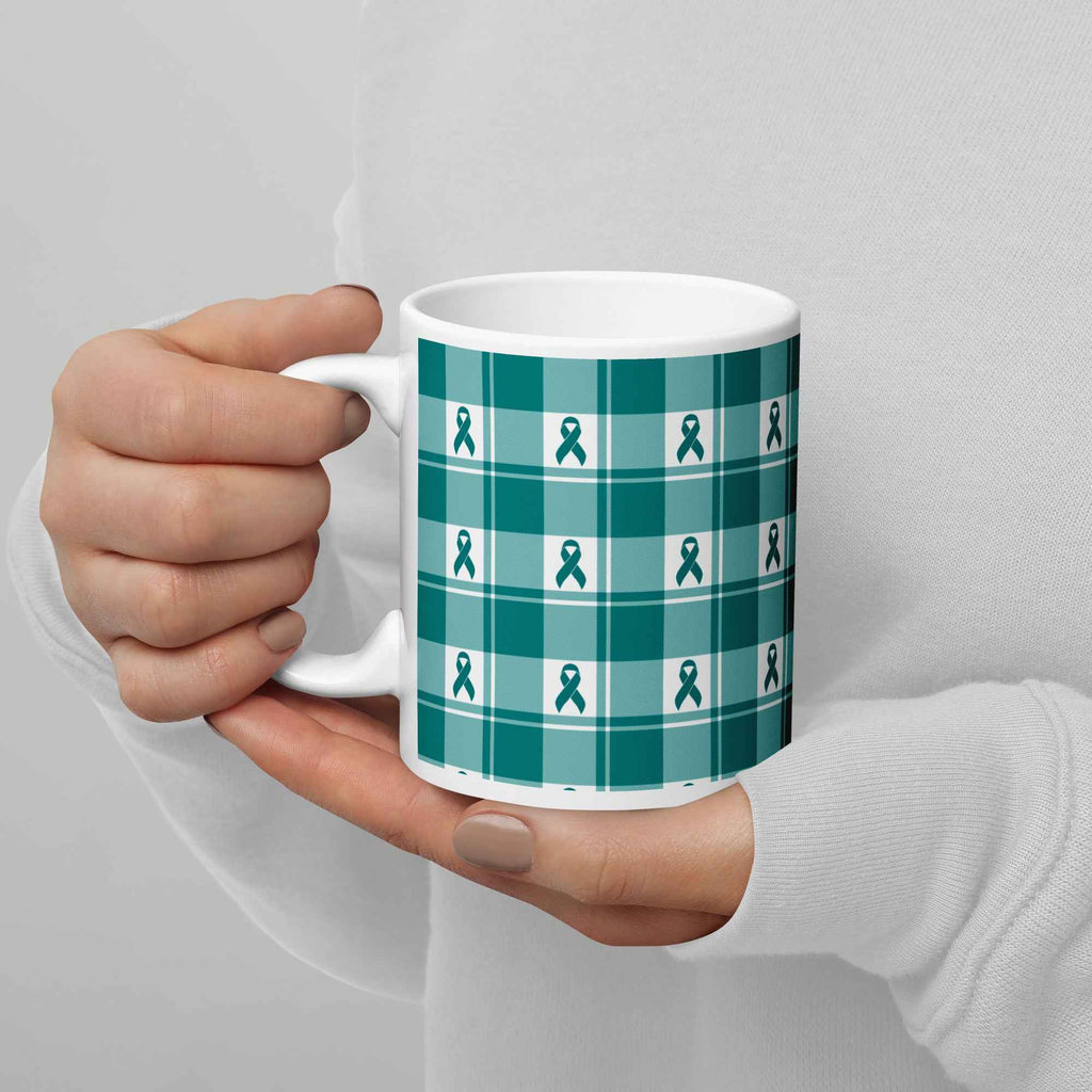 Ceramic Mug Cervical Cancer Awareness Plaid, Teal Ribbon, Supportive Gift - Scottish Squares