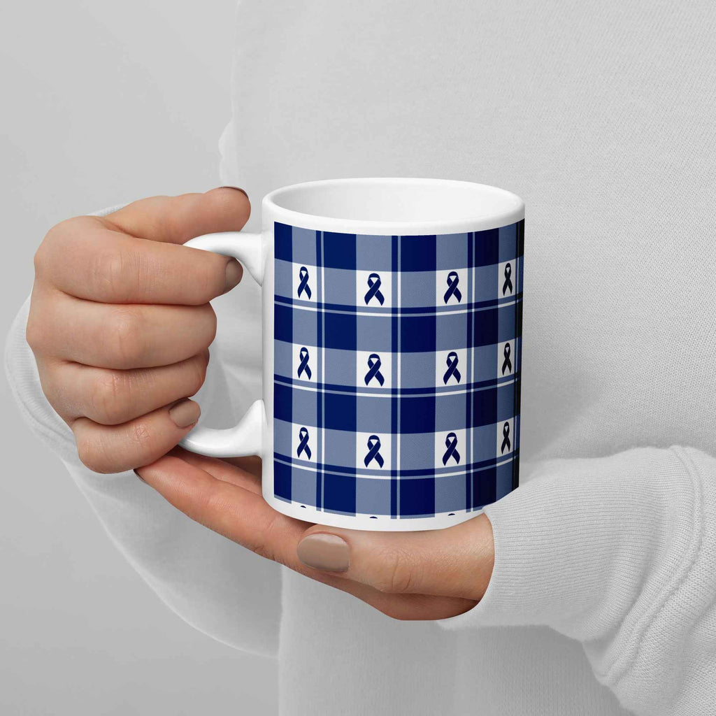 Ceramic Mug Colorectal Cancer Awareness Plaid, Dark Blue Ribbon, Supportive Gift - Scottish Squares