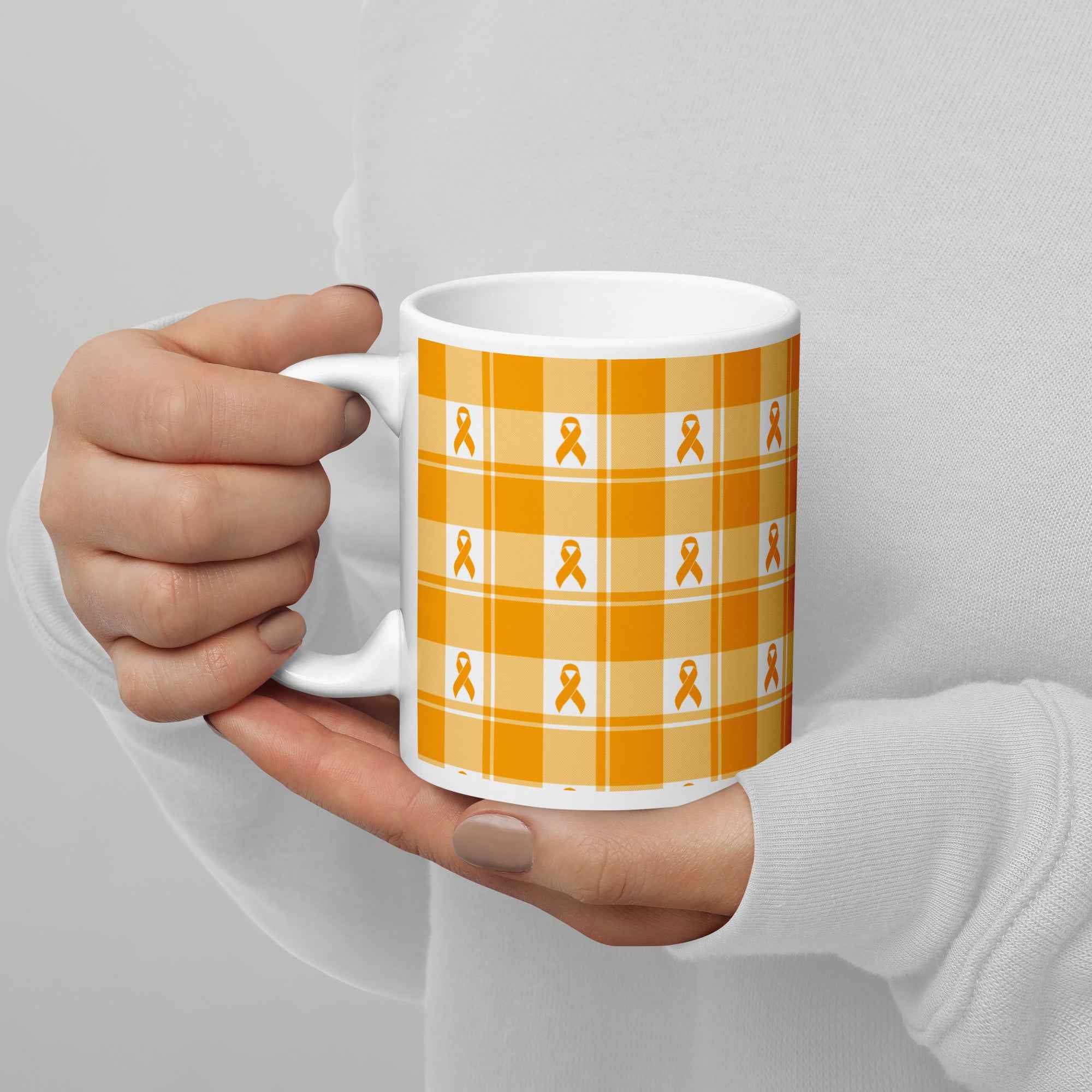 Ceramic Mug Kidney Cancer Awareness Plaid, Orange Ribbon, Supportive Gift - Scottish Squares