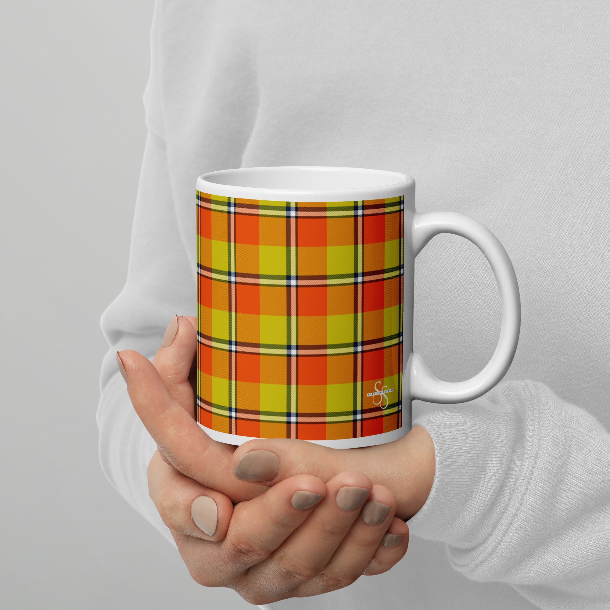 Blaze Orange and Bird Flower Plaid Ceramic Mug - Scottish Squares