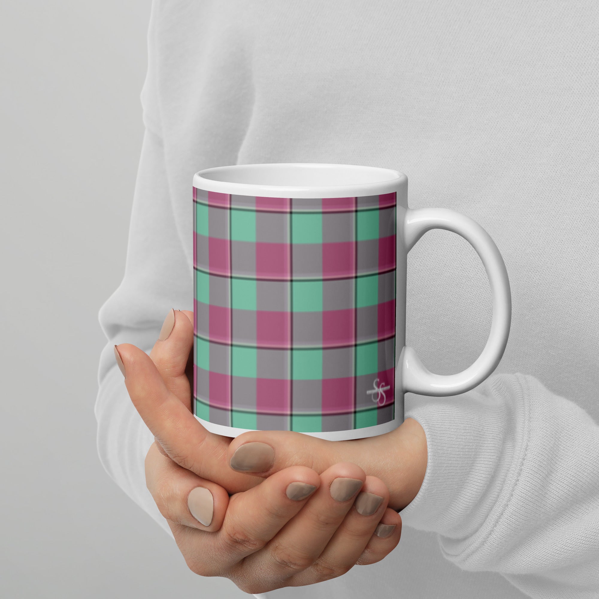 Vista Blue and Turkish Rose Plaid Ceramic Mug - Scottish Squares