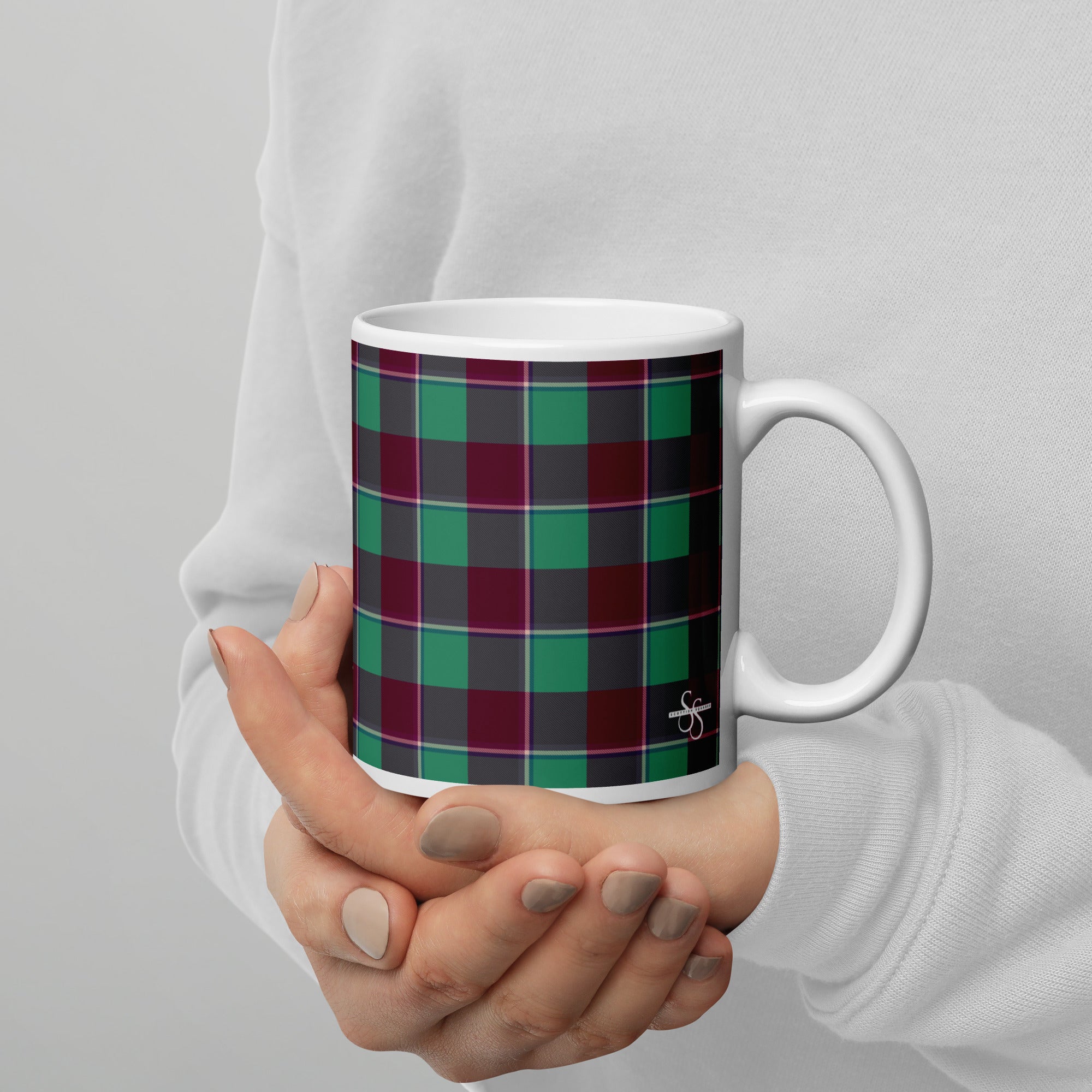 Ocean Green and Mulberry Wood Plaid Ceramic Mug - Scottish Squares