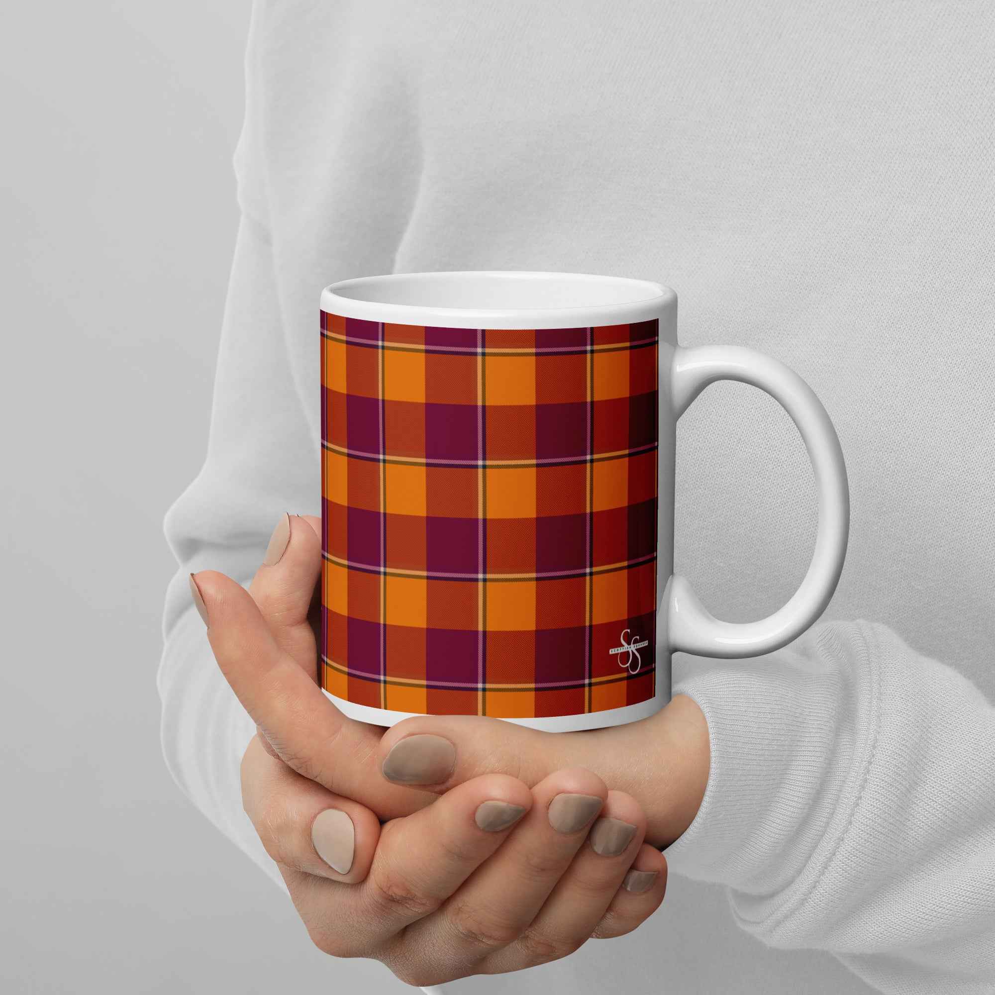 Tahiti Gold and Rose Bud Cherry Plaid Ceramic Mug - Scottish Squares
