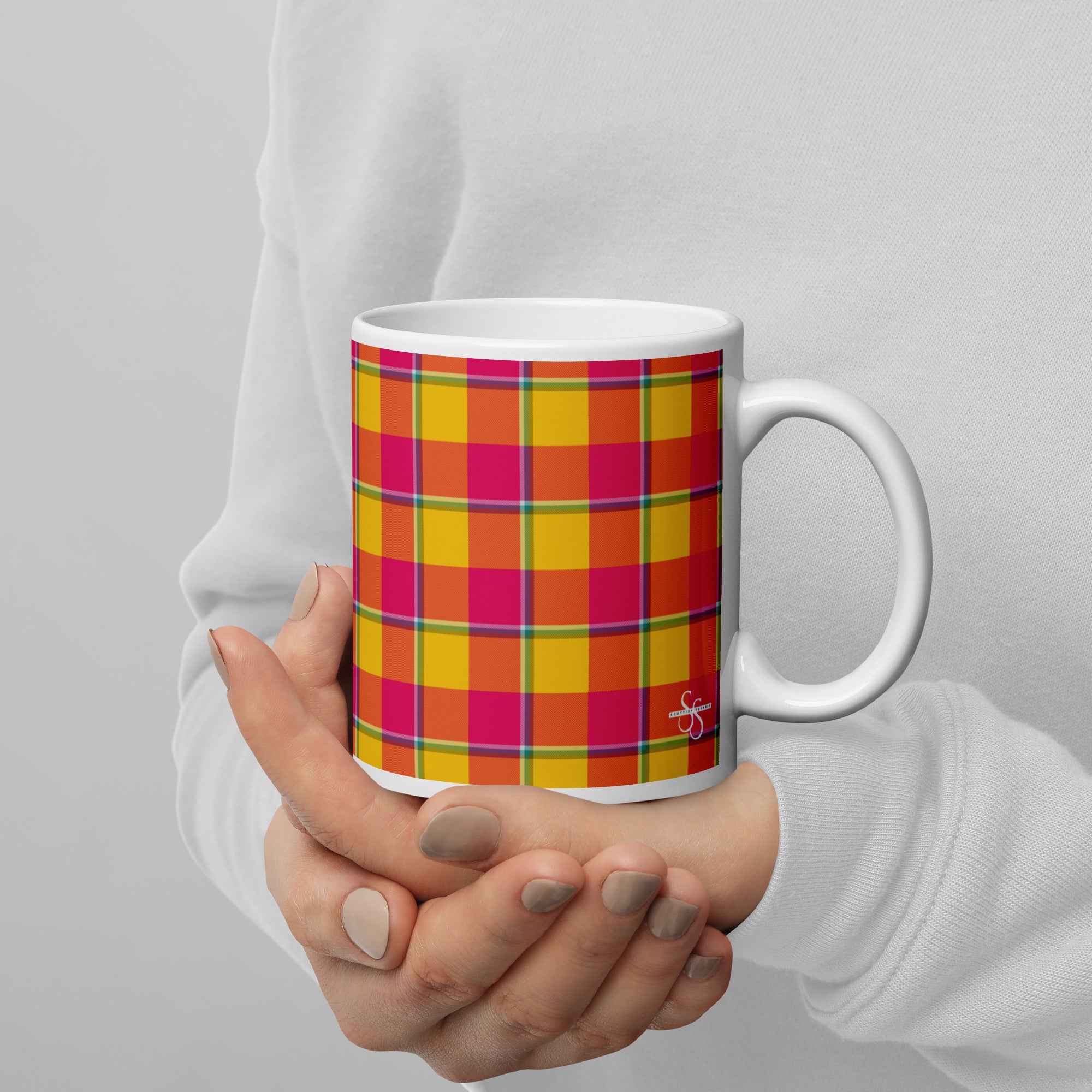 Corn and Razzmatazz Plaid Ceramic Mug - Scottish Squares