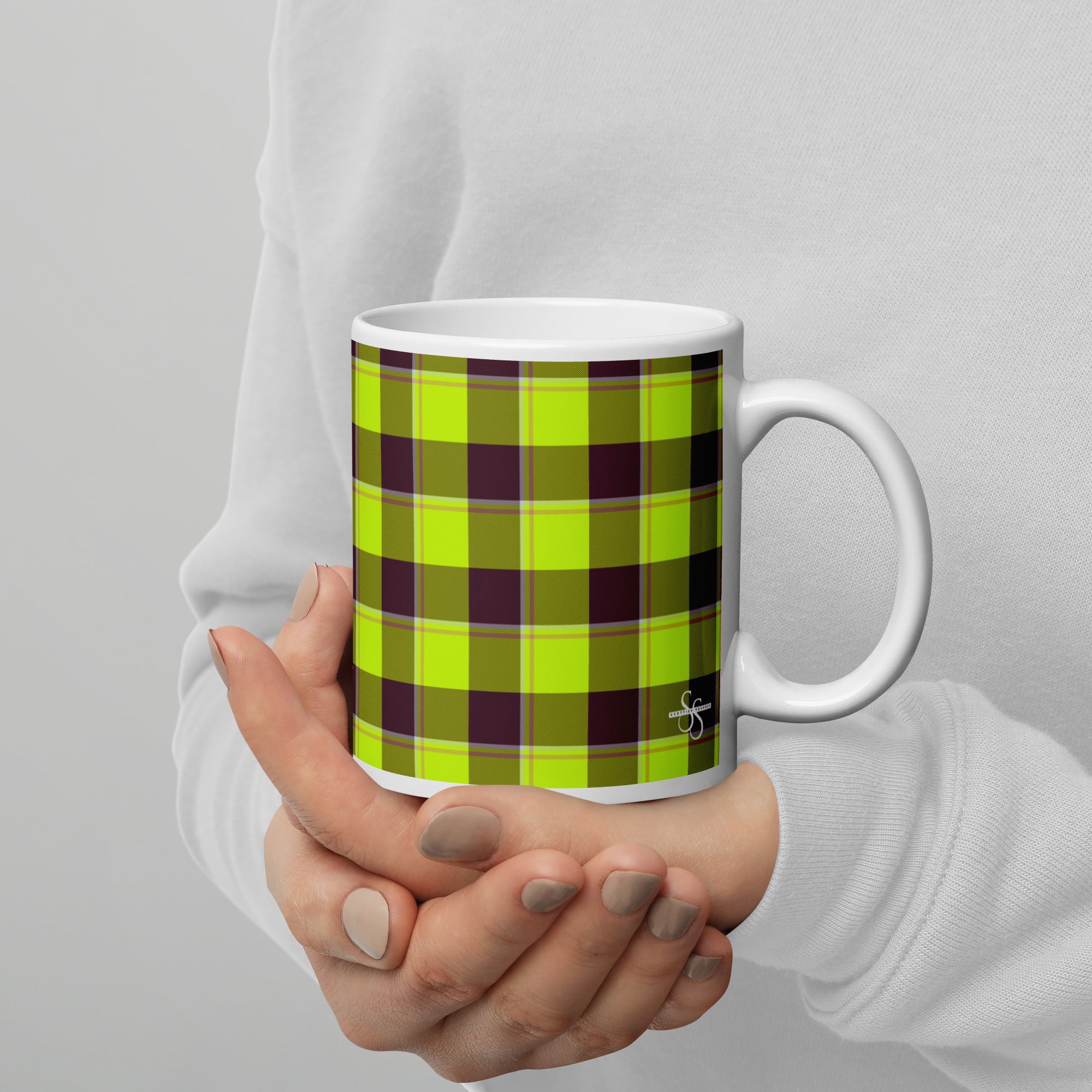 Electric Lime and Livid Brown Plaid Ceramic Mug - Scottish Squares