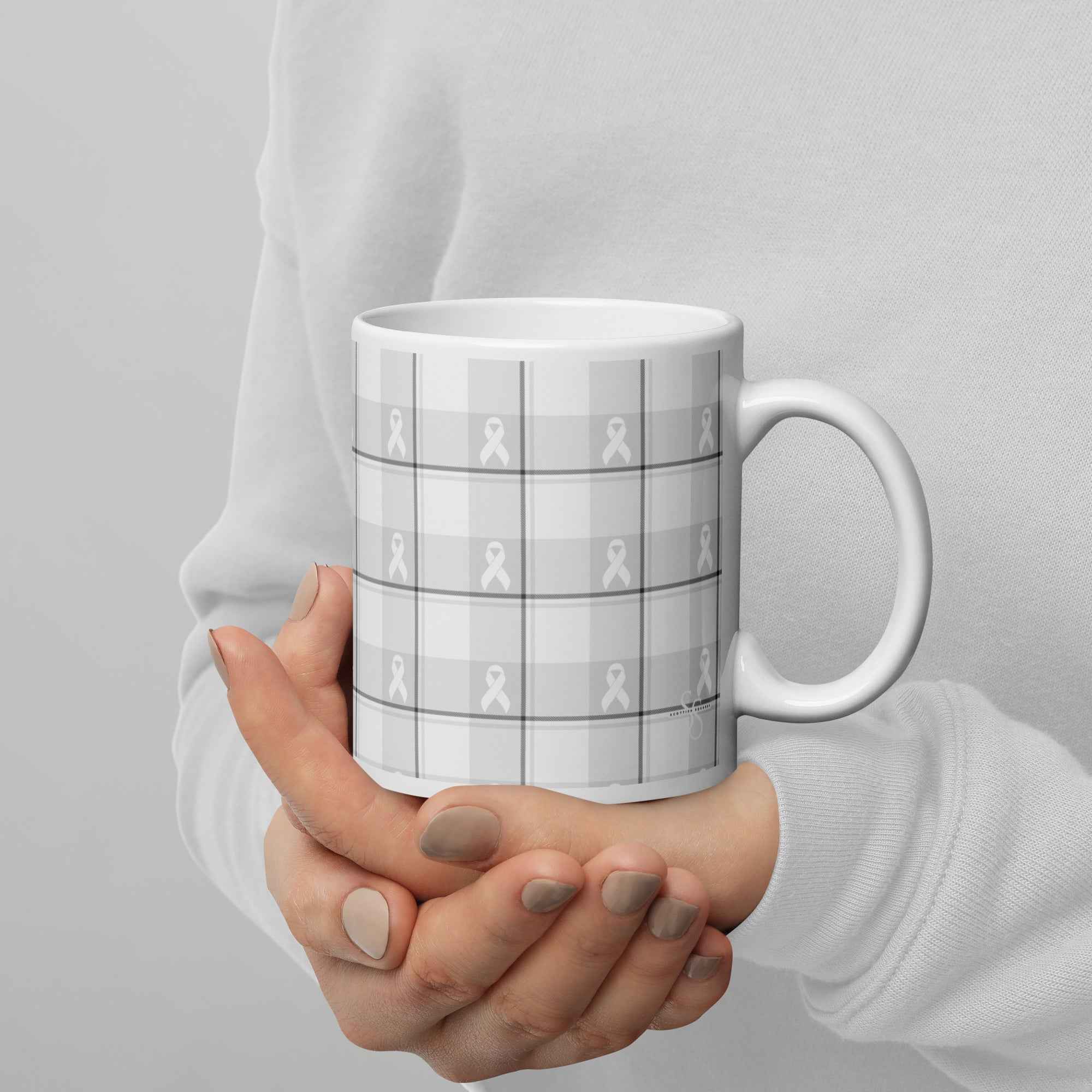 White Ceramic Mug Lung Cancer Awareness Plaid, White Ribbon, Supportive Gift - Scottish Squares