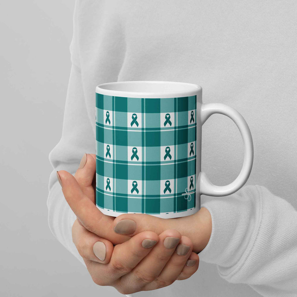 Ceramic Mug Cervical Cancer Awareness Plaid, Teal Ribbon, Supportive Gift - Scottish Squares
