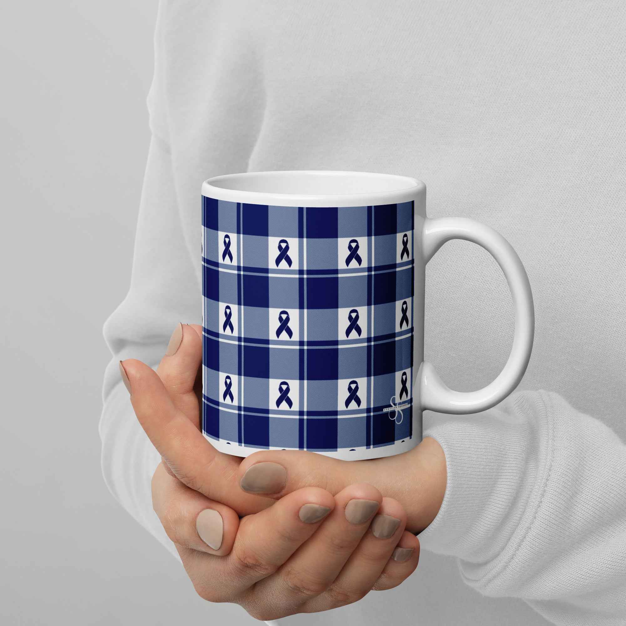 Ceramic Mug Colorectal Cancer Awareness Plaid, Dark Blue Ribbon, Supportive Gift - Scottish Squares