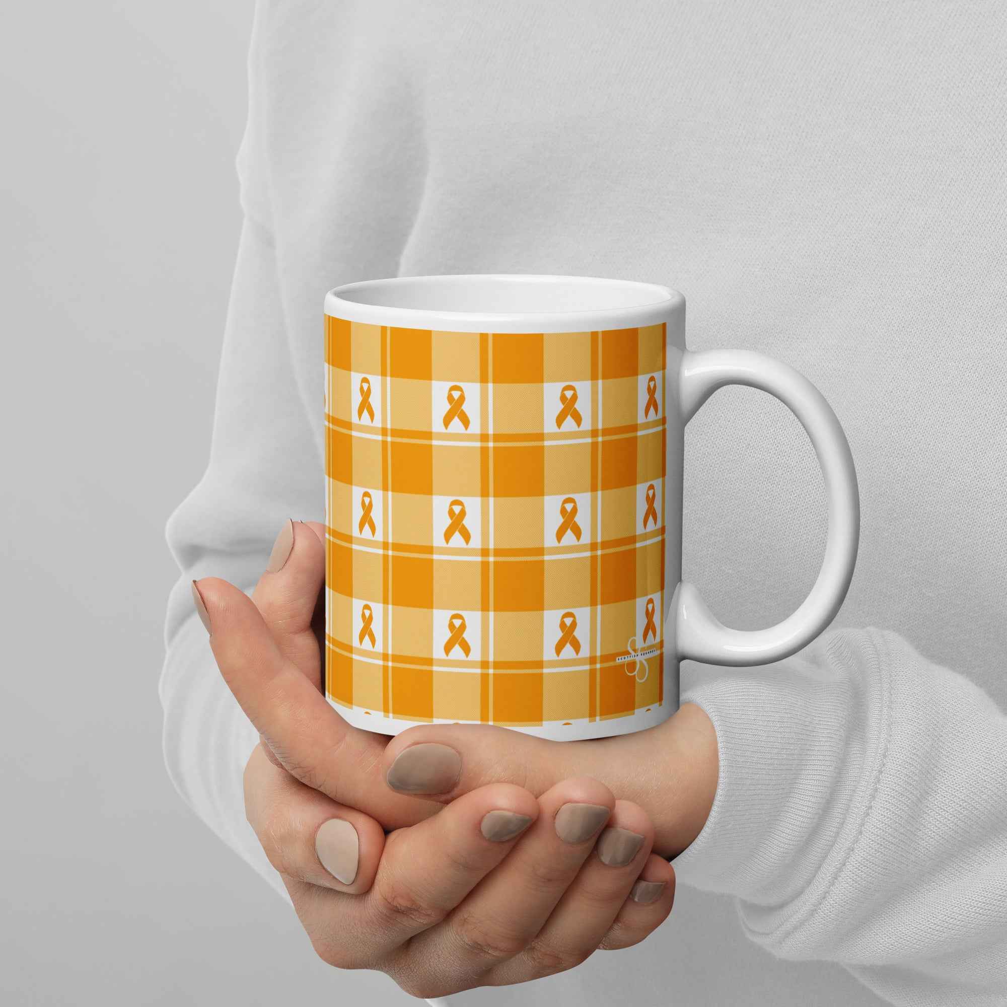Ceramic Mug Kidney Cancer Awareness Plaid, Orange Ribbon, Supportive Gift - Scottish Squares