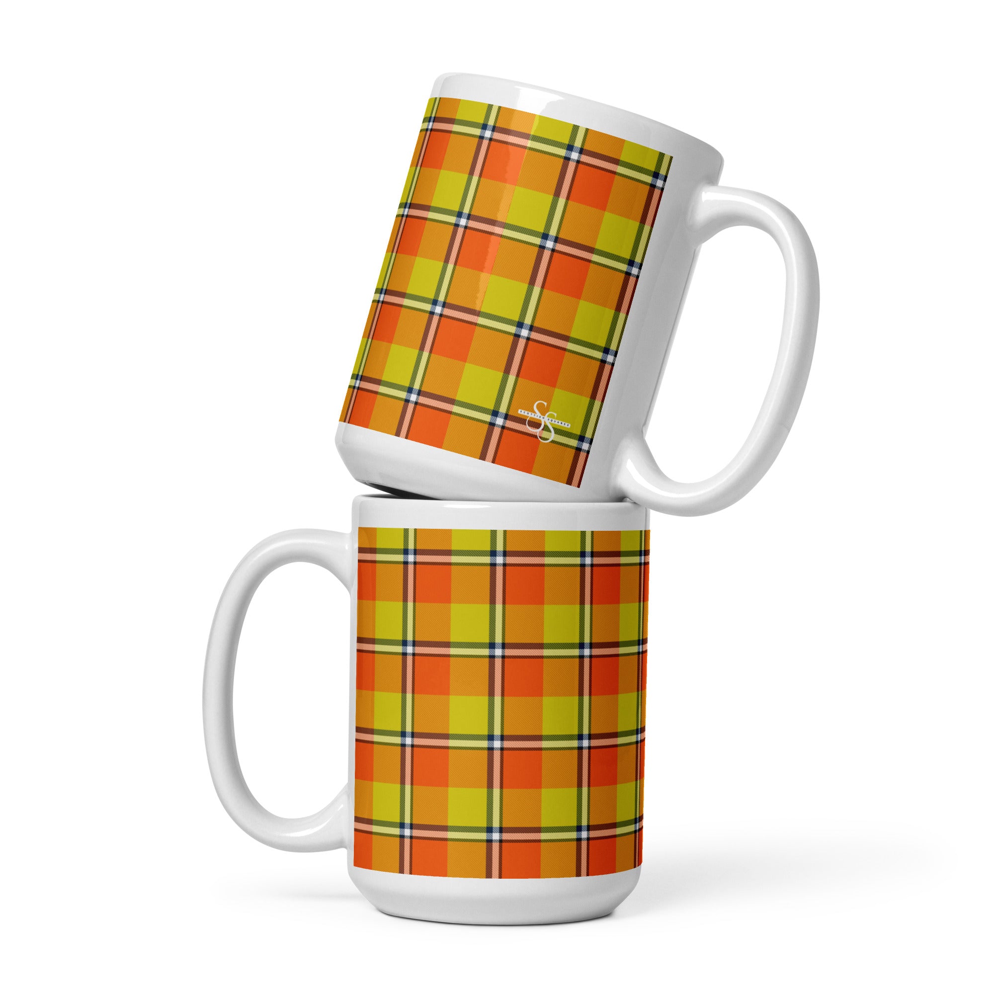 Blaze Orange and Bird Flower Plaid Ceramic Mug - Scottish Squares