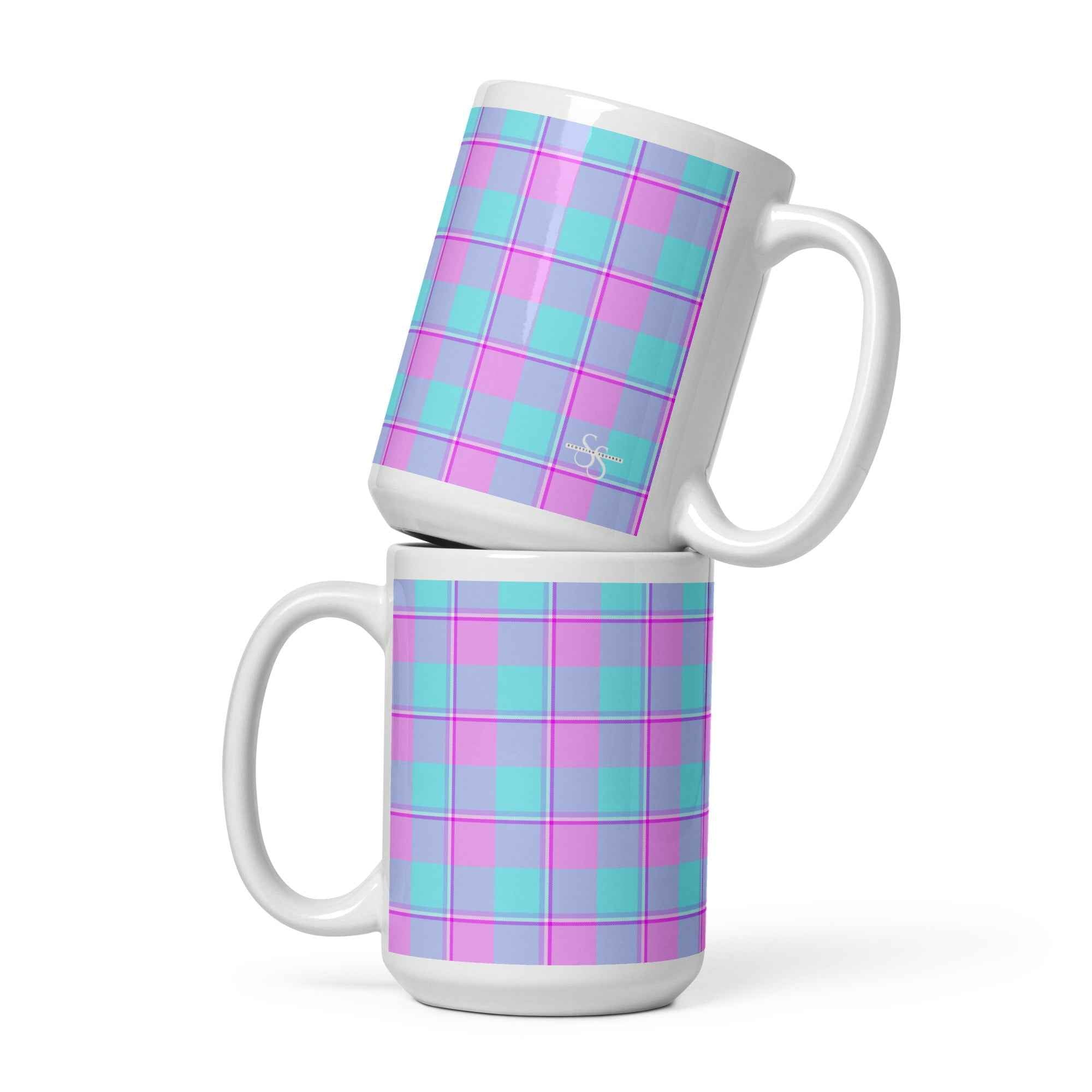 Mauve and Coastal Mist Plaid Ceramic Mug - Scottish Squares