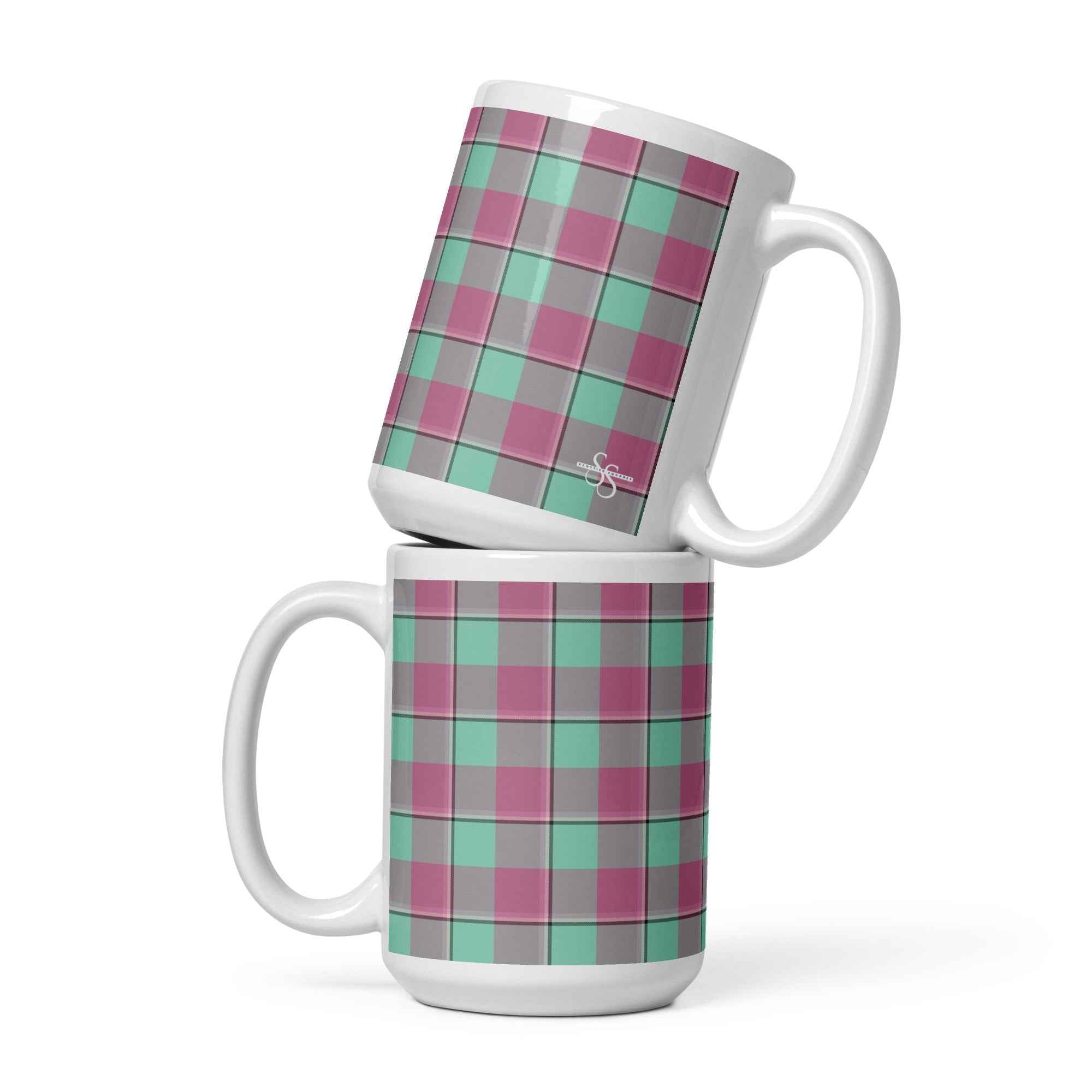 Vista Blue and Turkish Rose Plaid Ceramic Mug - Scottish Squares