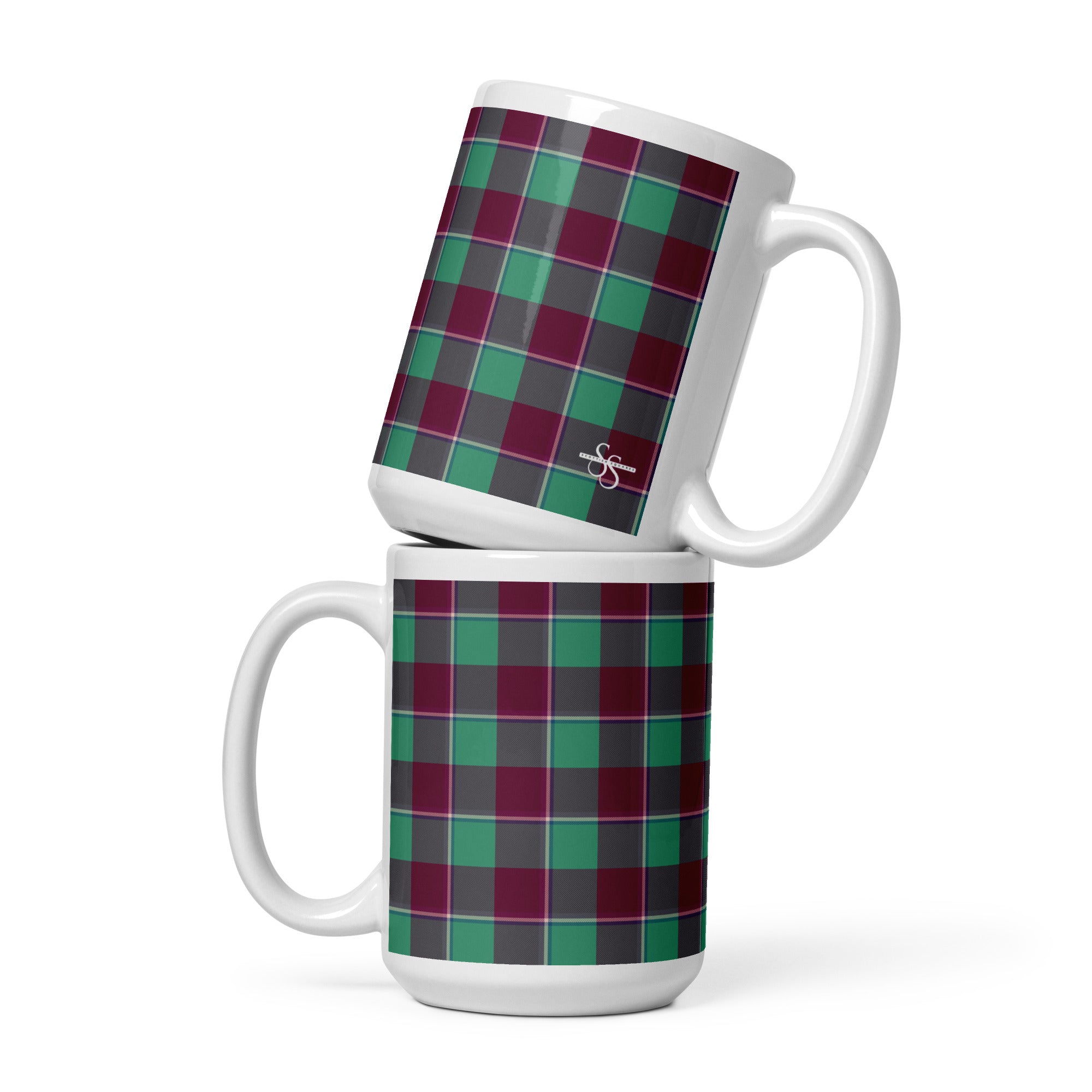 Ocean Green and Mulberry Wood Plaid Ceramic Mug - Scottish Squares