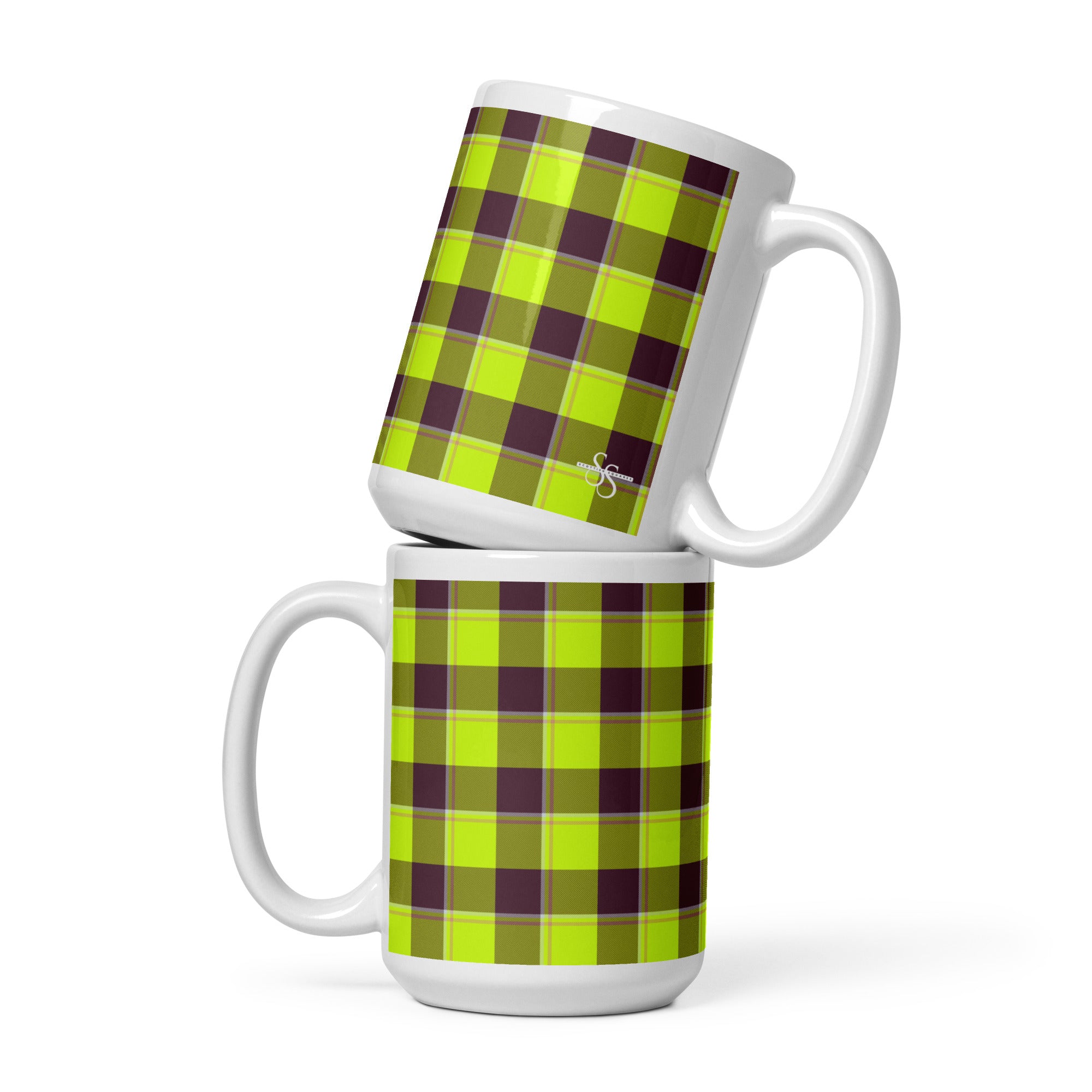 Electric Lime and Livid Brown Plaid Ceramic Mug - Scottish Squares