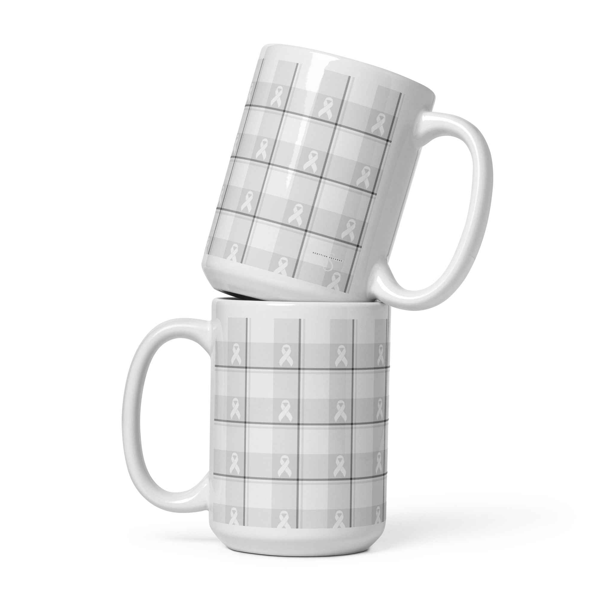 White Ceramic Mug Lung Cancer Awareness Plaid, White Ribbon, Supportive Gift 15 oz - Scottish Squares