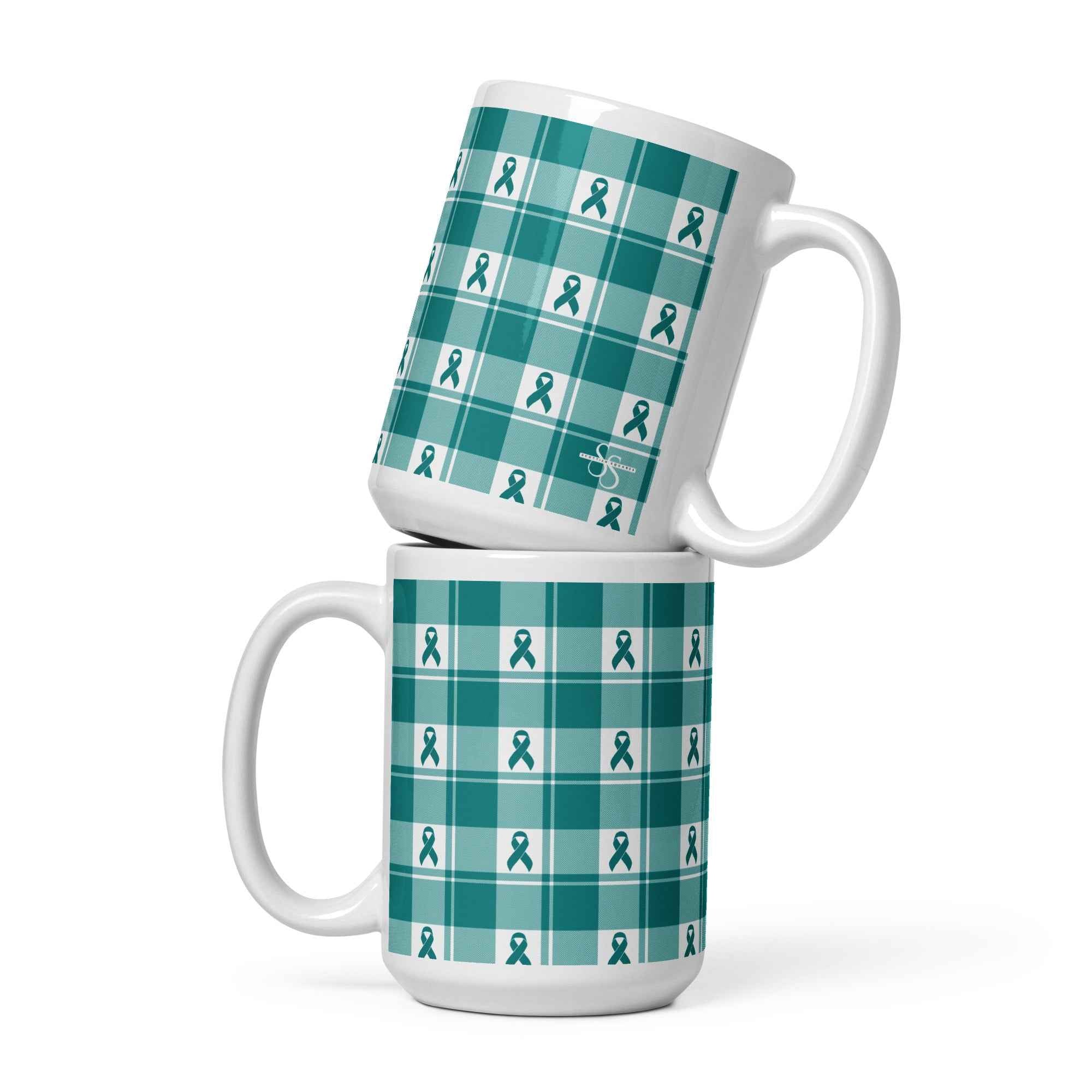 Ceramic Mug Cervical Cancer Awareness Plaid, Teal Ribbon, Supportive Gift 15 oz - Scottish Squares
