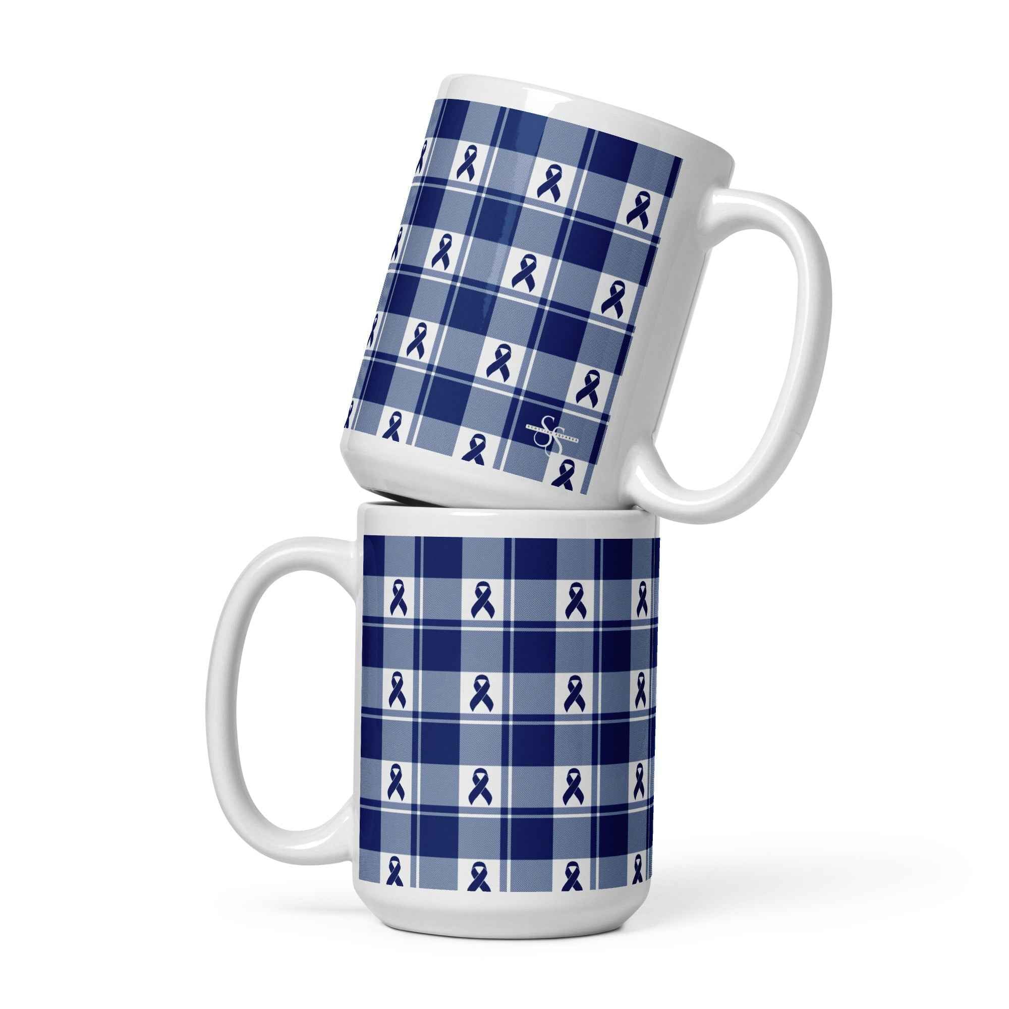Ceramic Mug Colorectal Cancer Awareness Plaid, Dark Blue Ribbon, Supportive Gift 15 oz - Scottish Squares