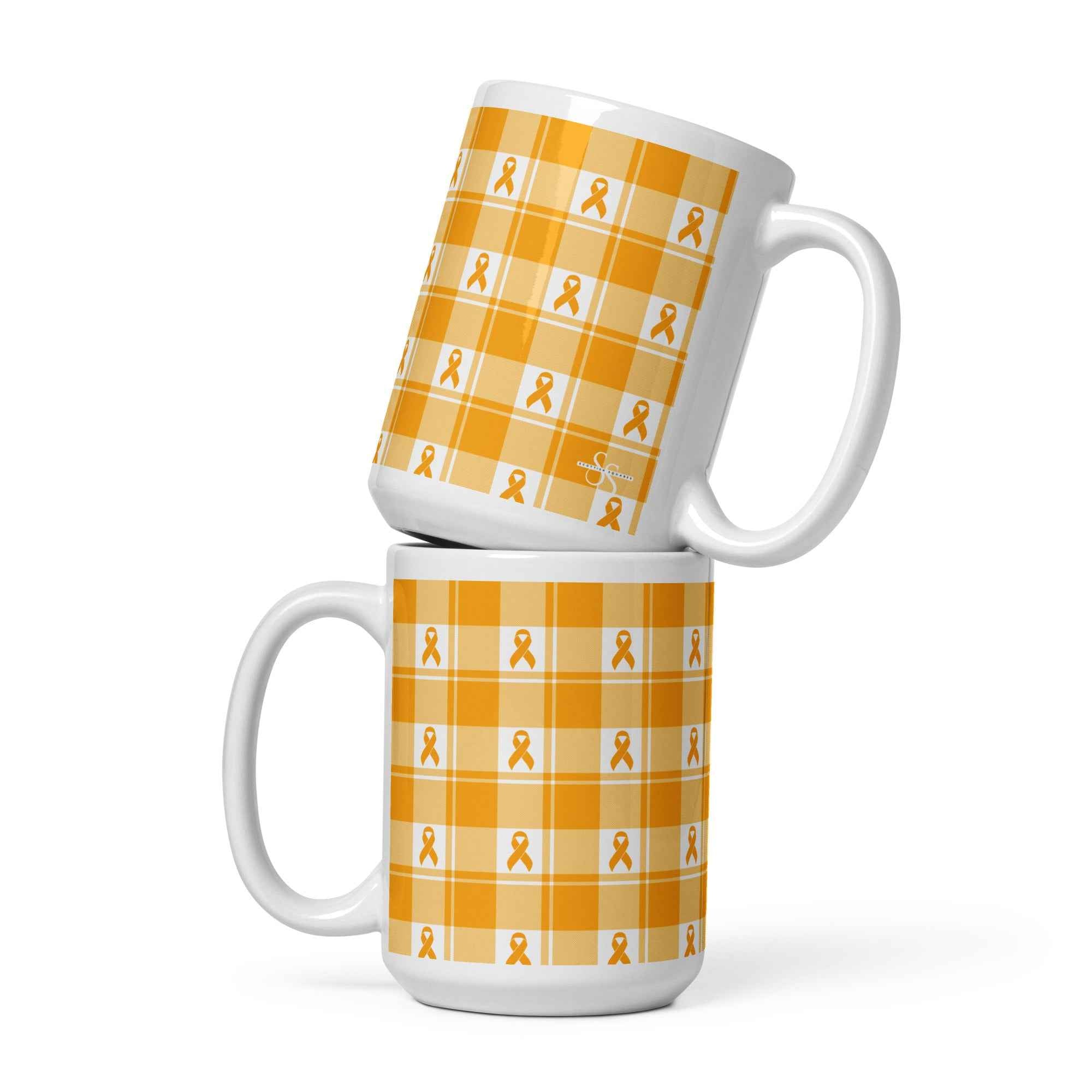 Ceramic Mug Kidney Cancer Awareness Plaid, Orange Ribbon, Supportive Gift 15 oz - Scottish Squares