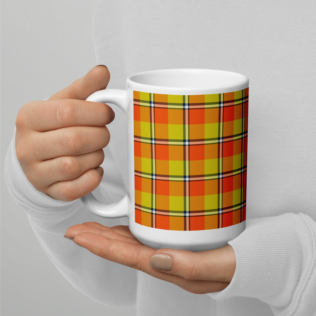 Blaze Orange and Bird Flower Plaid Ceramic Mug - Scottish Squares