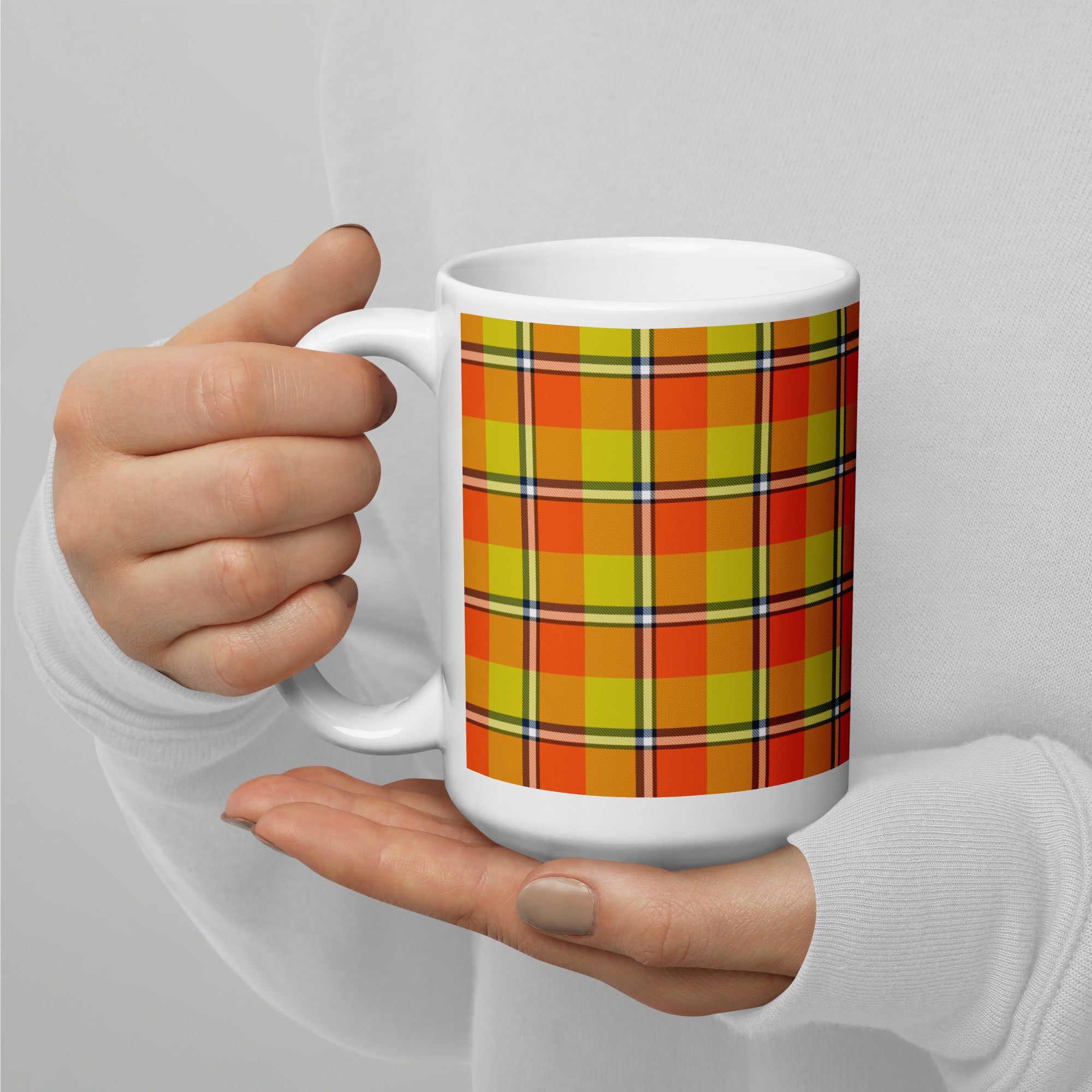 Blaze Orange and Bird Flower Plaid Ceramic Mug - Scottish Squares