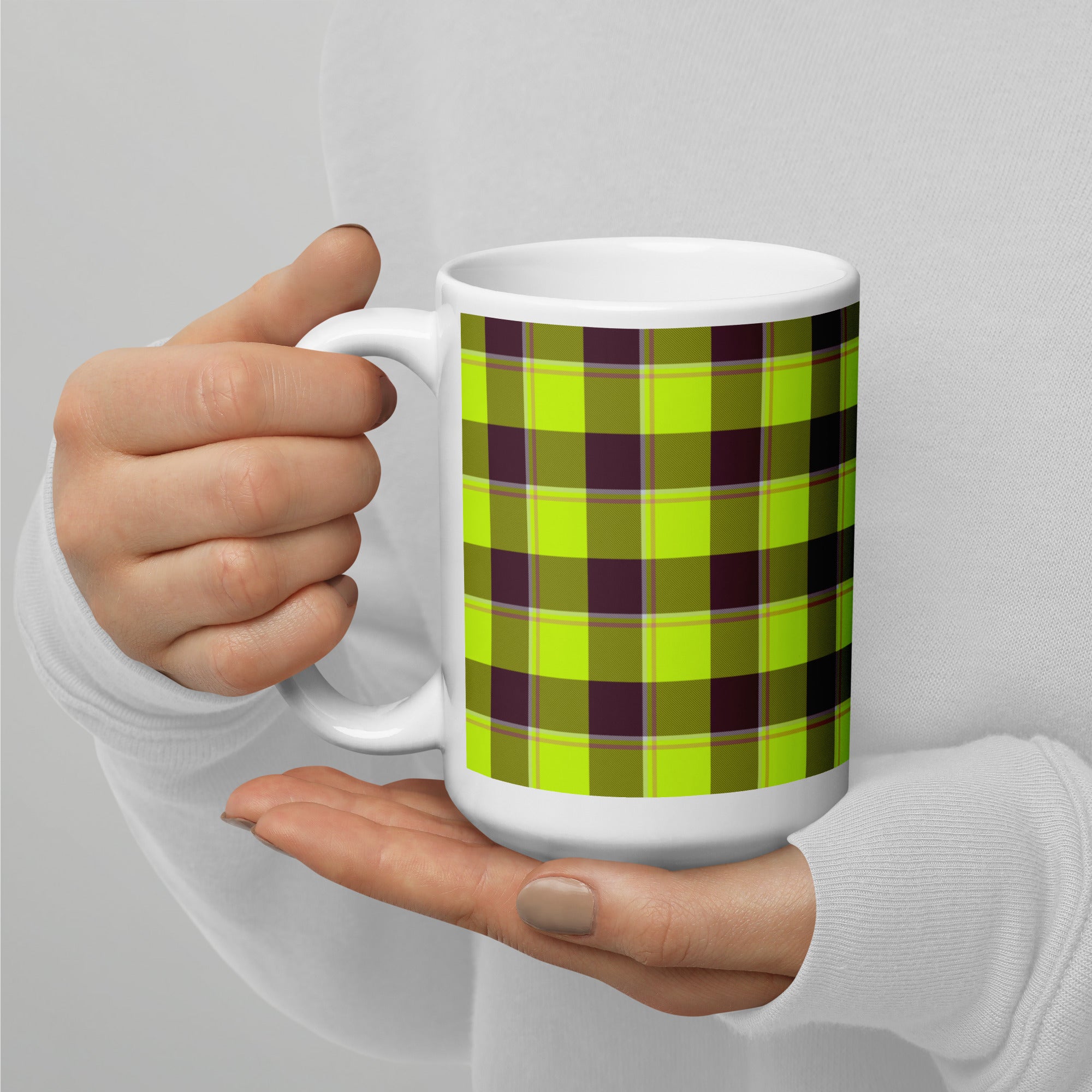 Electric Lime and Livid Brown Plaid Ceramic Mug - Scottish Squares
