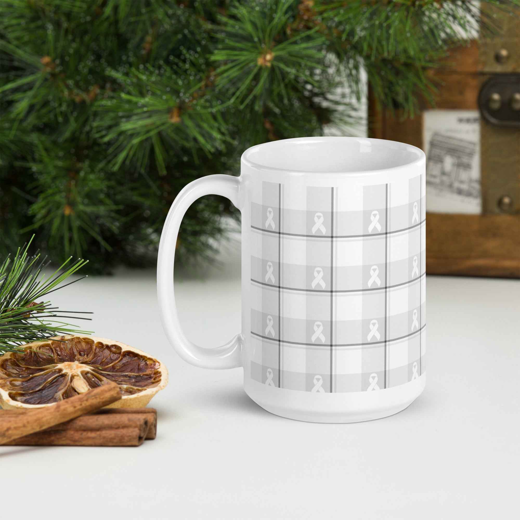 White Ceramic Mug Lung Cancer Awareness Plaid, White Ribbon, Supportive Gift - Scottish Squares