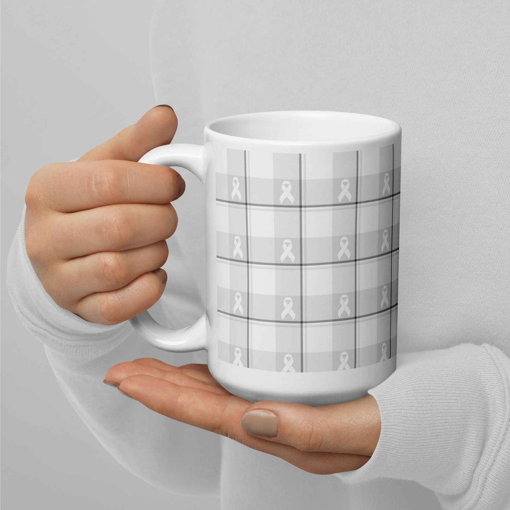 White Ceramic Mug Lung Cancer Awareness Plaid, White Ribbon, Supportive Gift - Scottish Squares