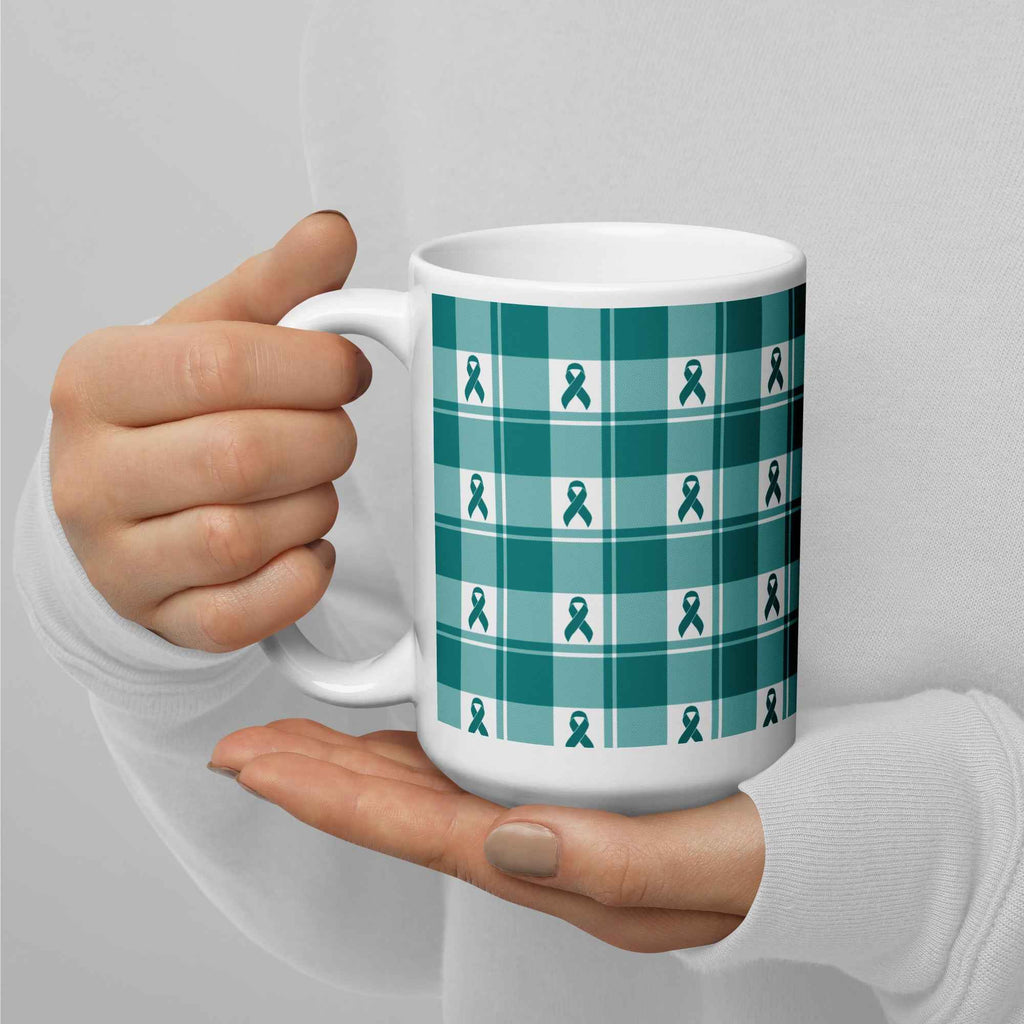 Ceramic Mug Cervical Cancer Awareness Plaid, Teal Ribbon, Supportive Gift - Scottish Squares