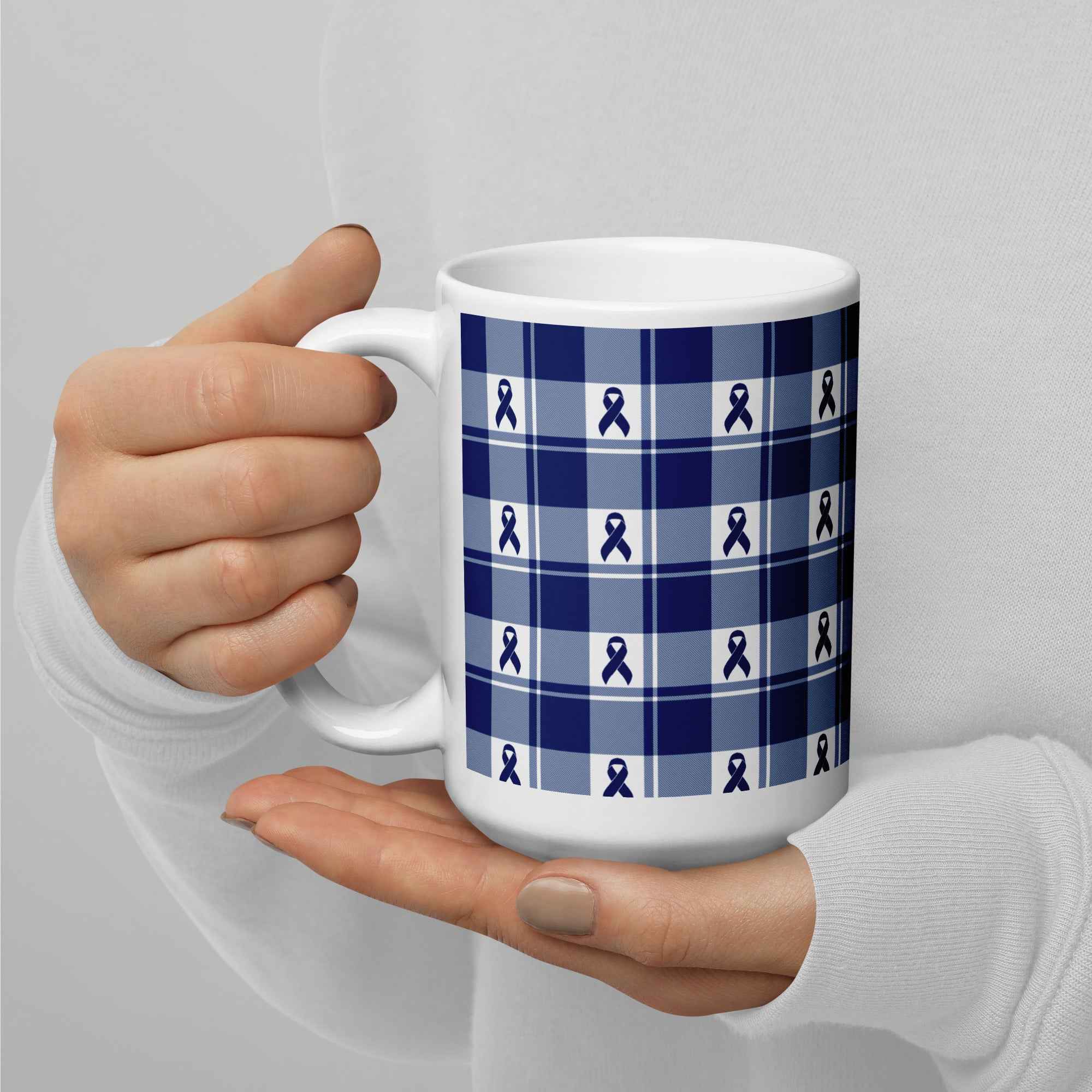 Ceramic Mug Colorectal Cancer Awareness Plaid, Dark Blue Ribbon, Supportive Gift - Scottish Squares