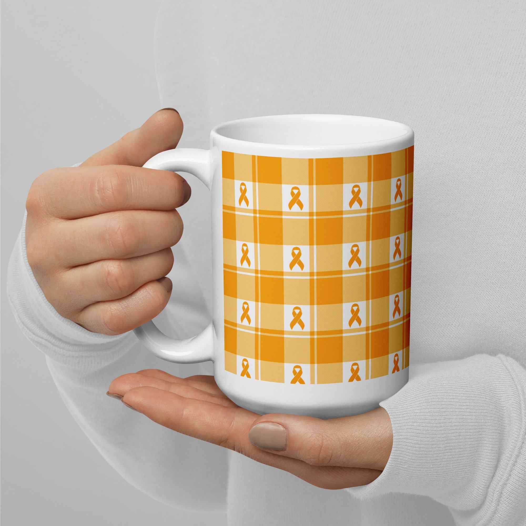 Ceramic Mug Kidney Cancer Awareness Plaid, Orange Ribbon, Supportive Gift - Scottish Squares