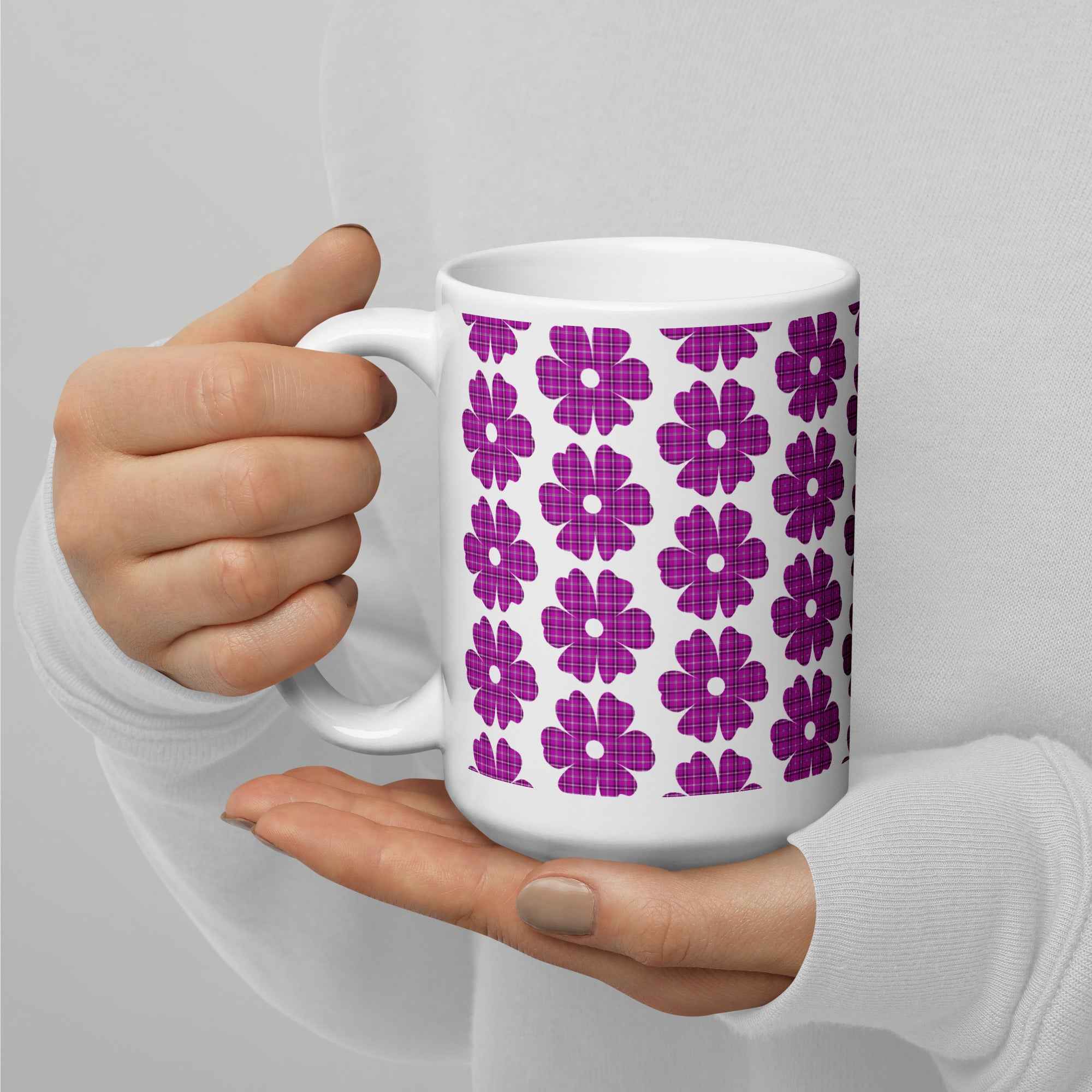 Ceramic Mug Flower Shape Plaid Pink Purple