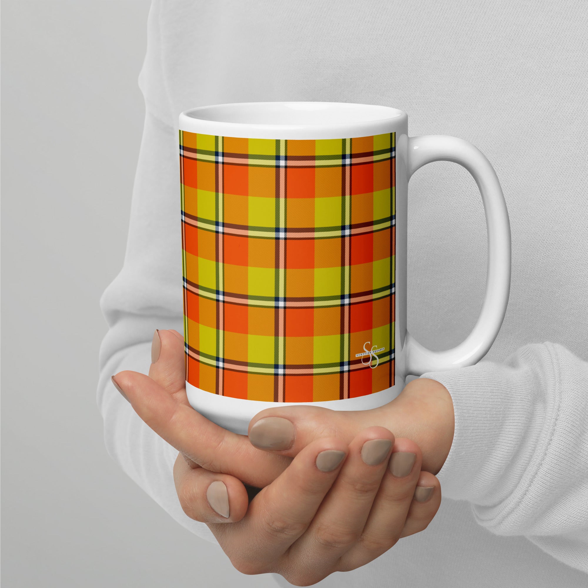 Blaze Orange and Bird Flower Plaid Ceramic Mug - Scottish Squares